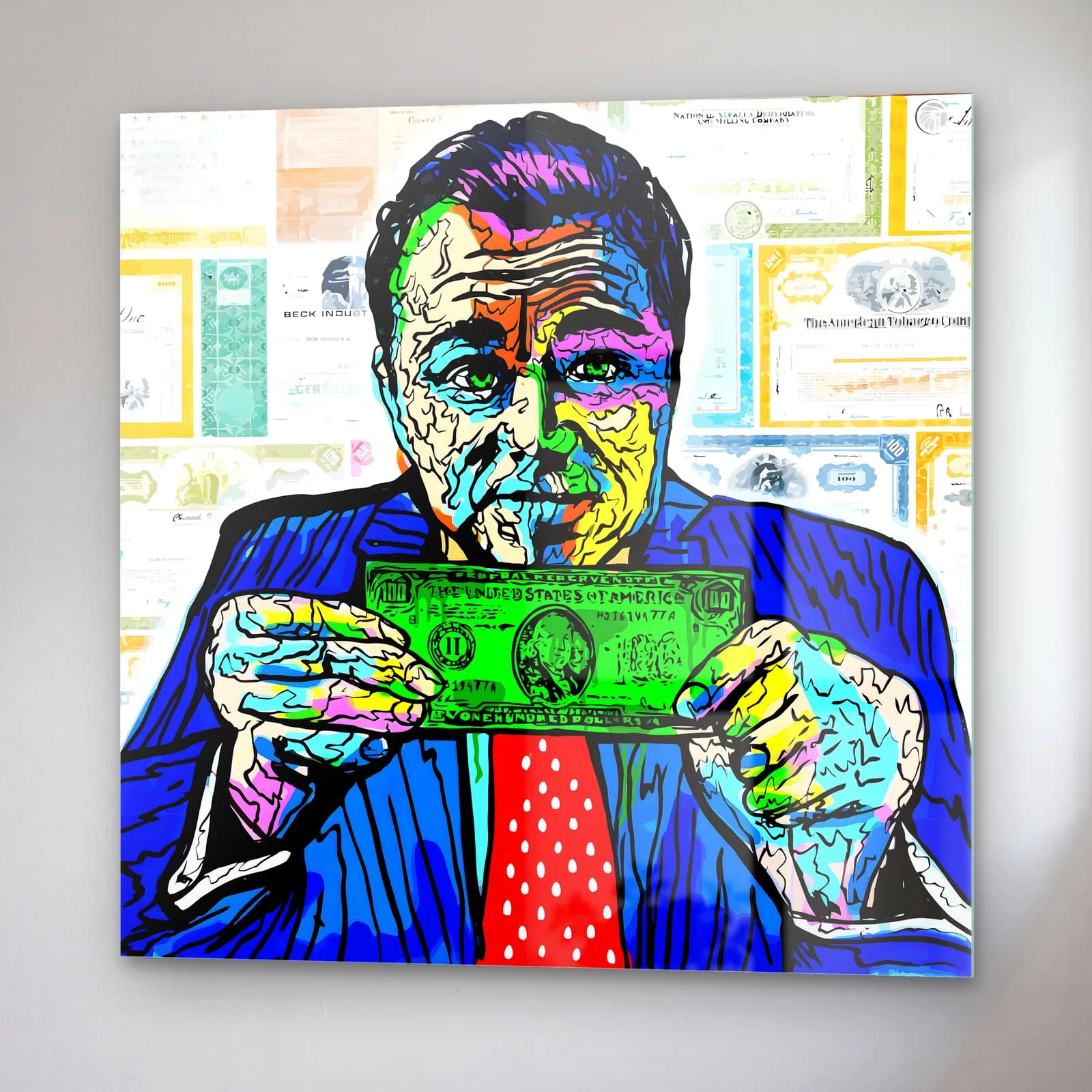 Dolar Tutan Adam Pop Art cam tablo — sağ açıdan görünüm