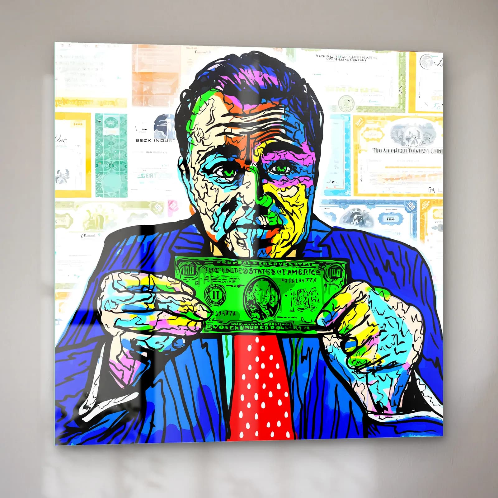 Dolar Tutan Adam Pop Art cam tablo — sol açıdan görünüm