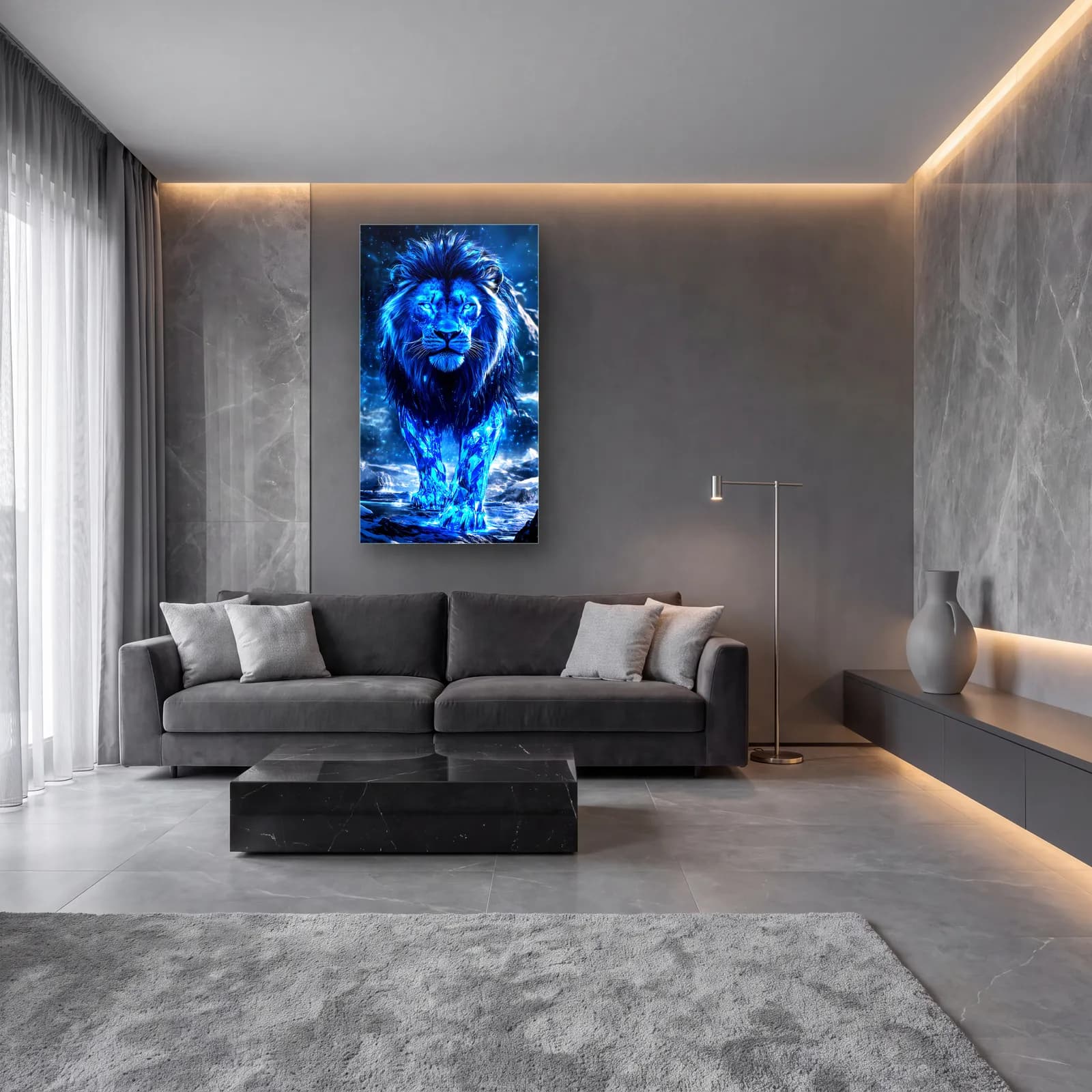 Mavi Alevli Aslan cam tablo — lüks salon duvarında