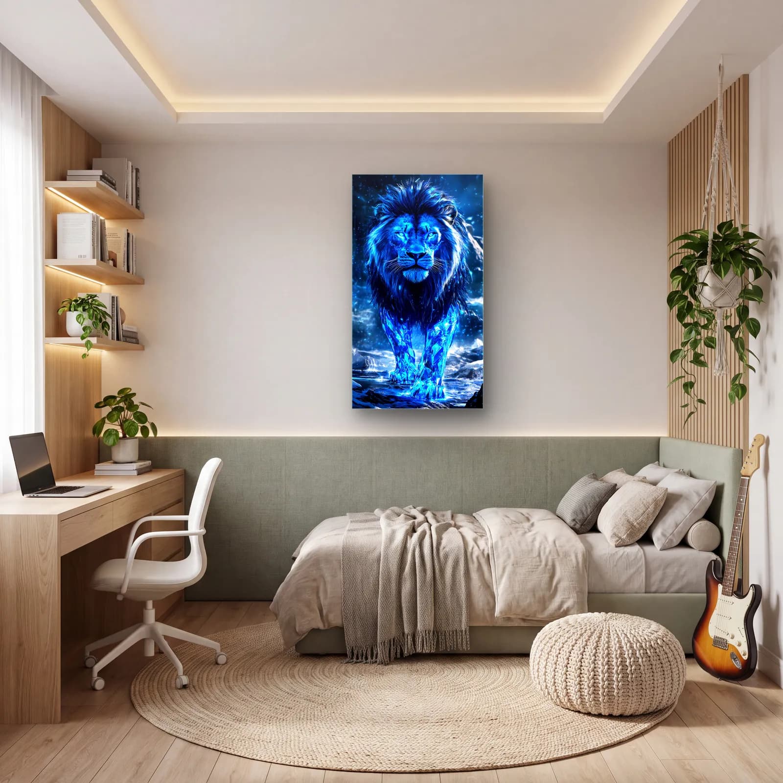 Mavi Alevli Aslan cam tablo — genç odasında