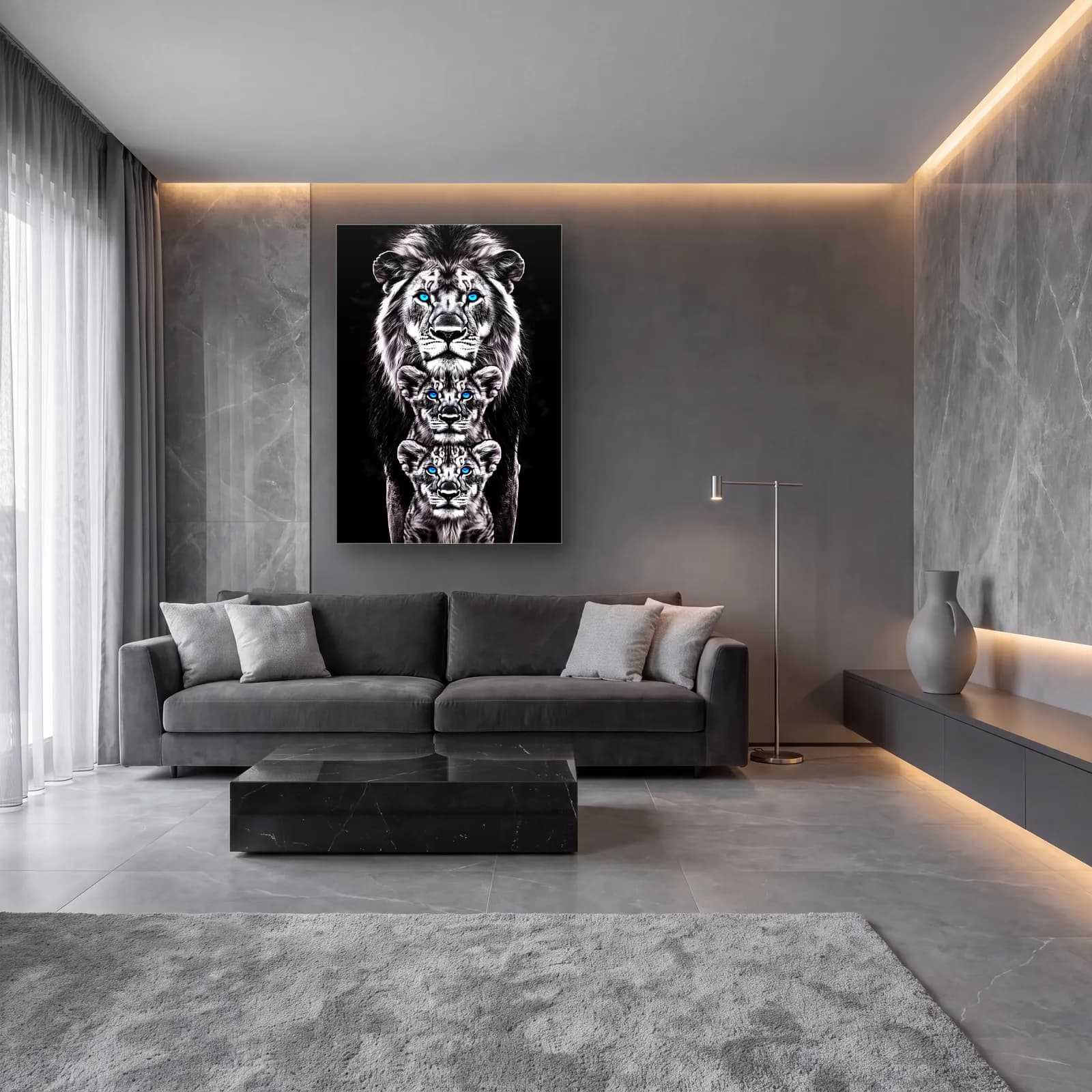 Aslan ve Yavruları Siyah Beyaz cam tablo — lüks salon duvarında