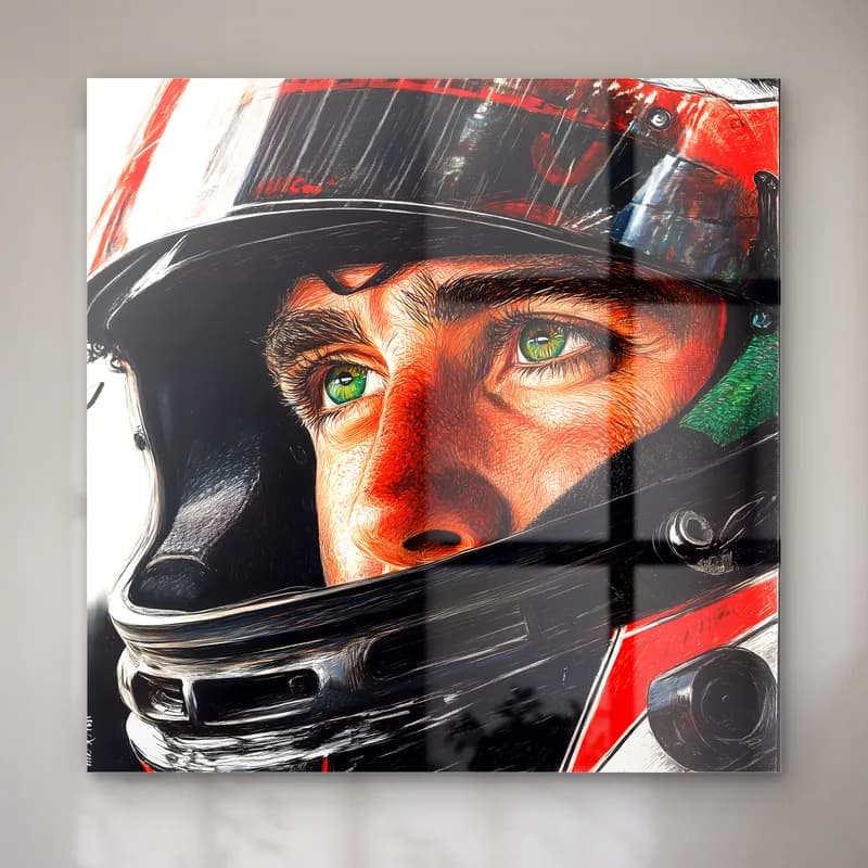 Ayrton Senna Kasklı Portre cam tablo — Kask takmış Formula 1 pilotunun yeşil gözlü yakın plan portresi