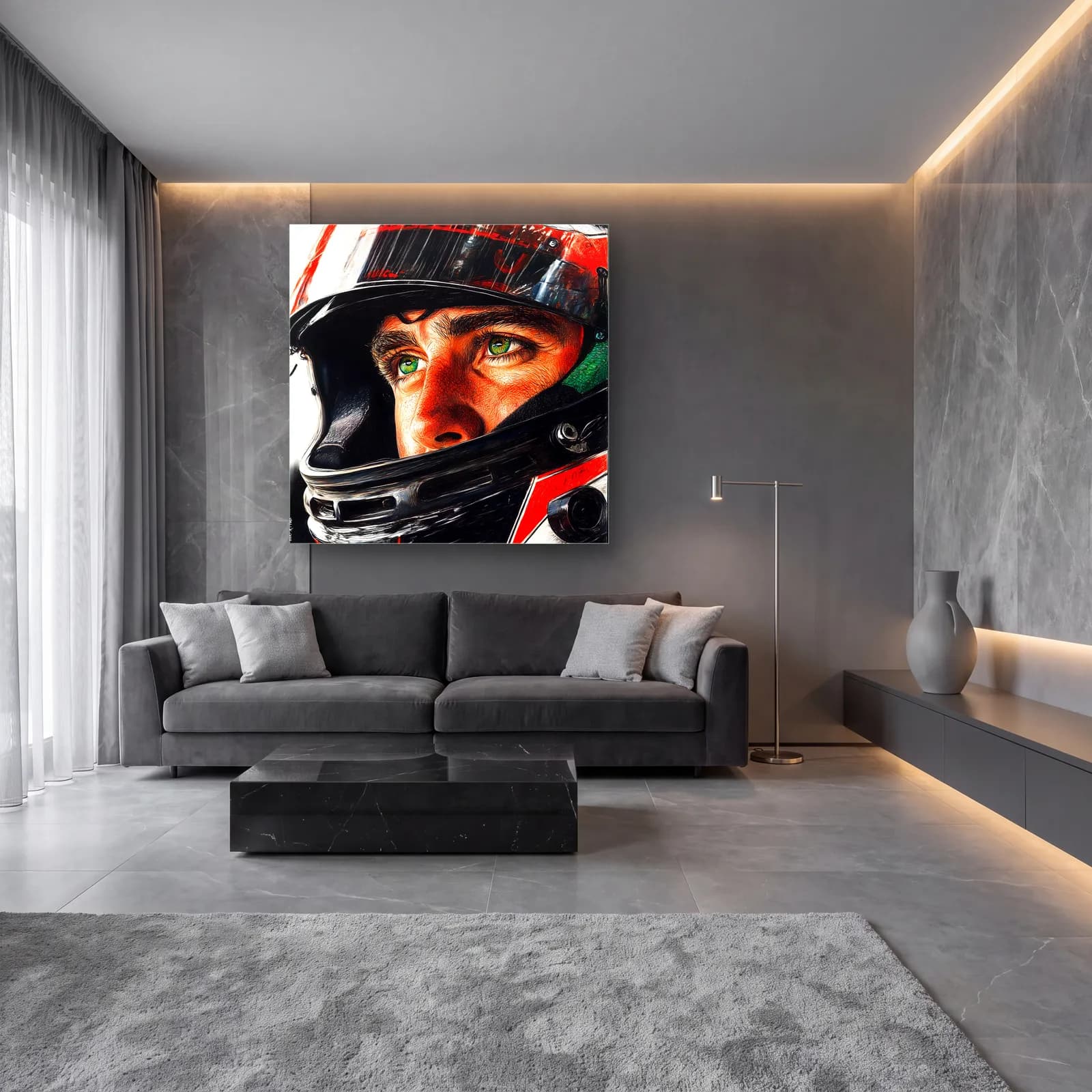Ayrton Senna Kasklı Portre cam tablo — lüks salon duvarında