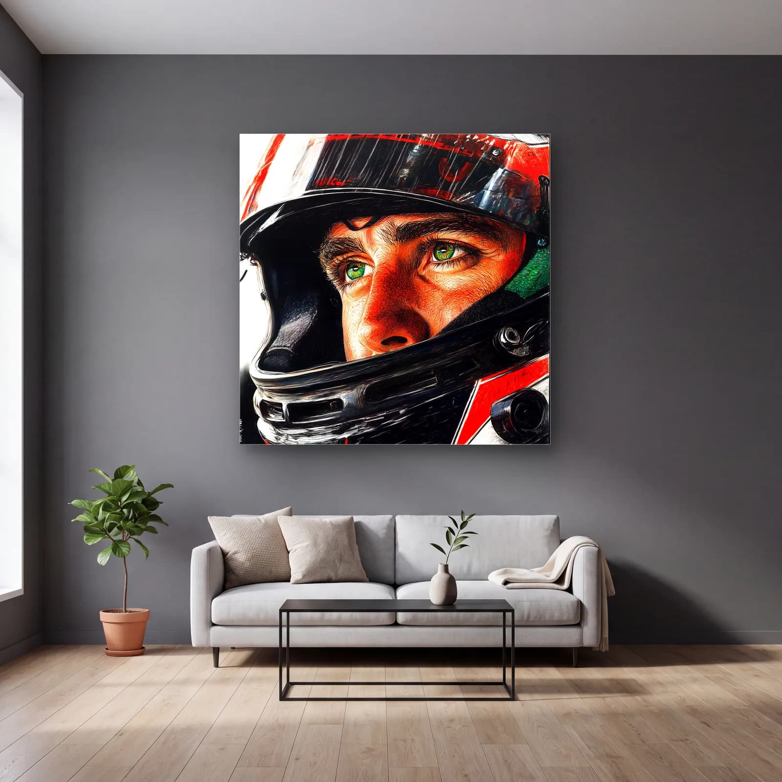 Ayrton Senna Kasklı Portre cam tablo — gri duvarlı salonda