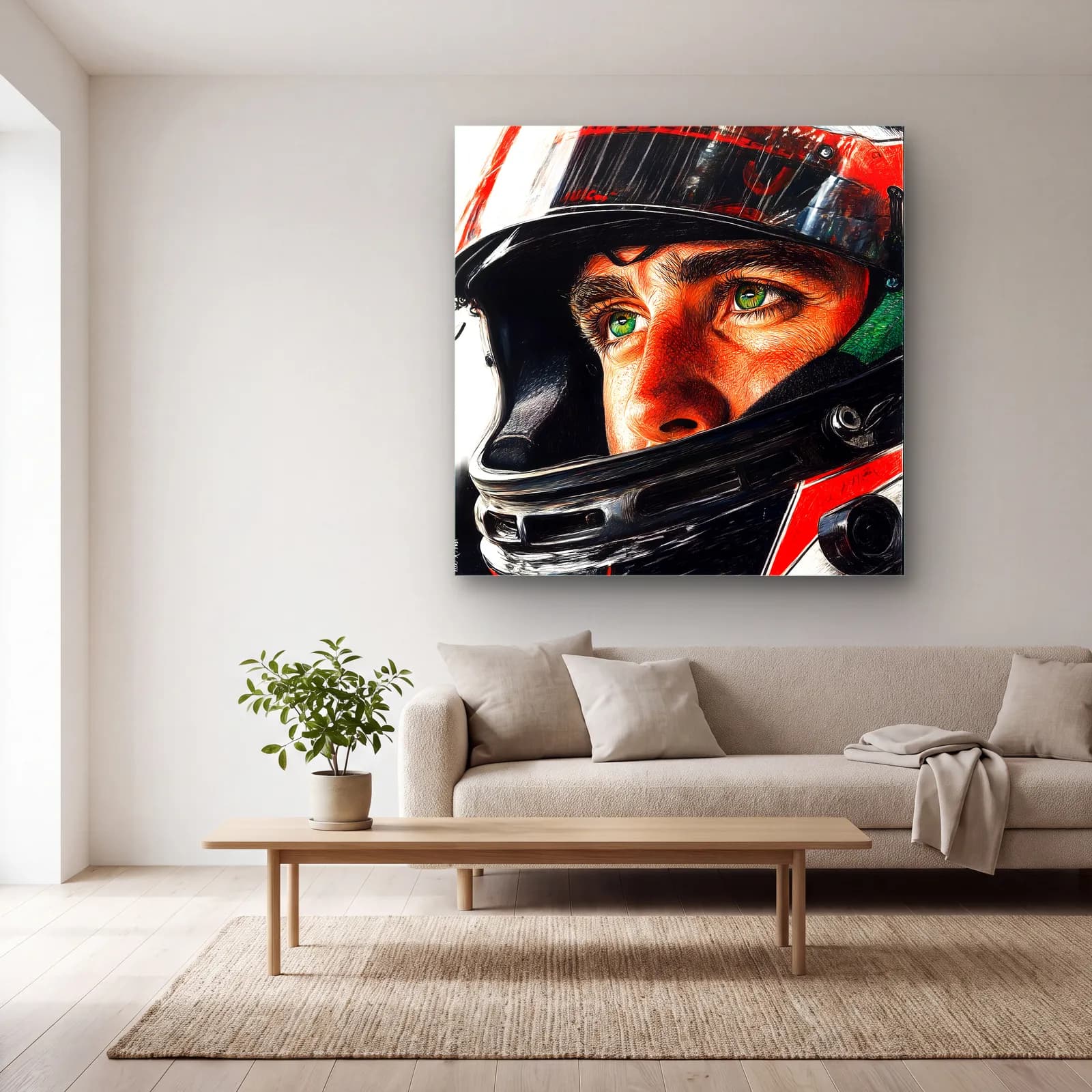 Ayrton Senna Kasklı Portre cam tablo — açık renk salonda