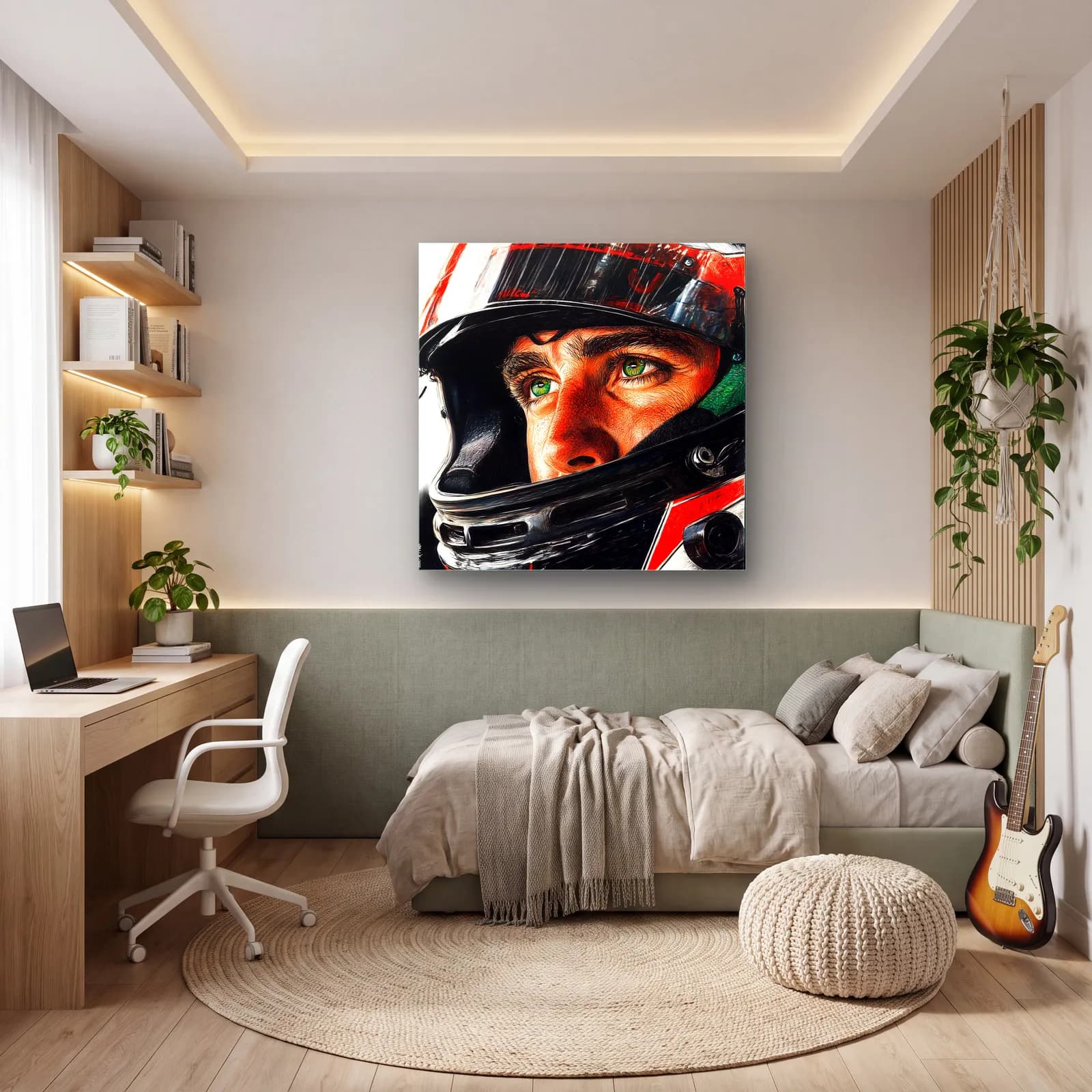 Ayrton Senna Kasklı Portre cam tablo — genç odasında