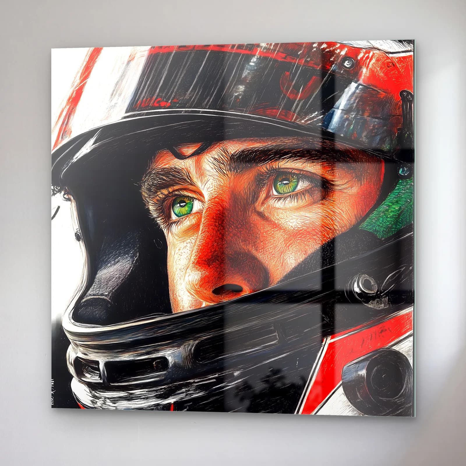 Ayrton Senna Kasklı Portre cam tablo — sağ açıdan görünüm