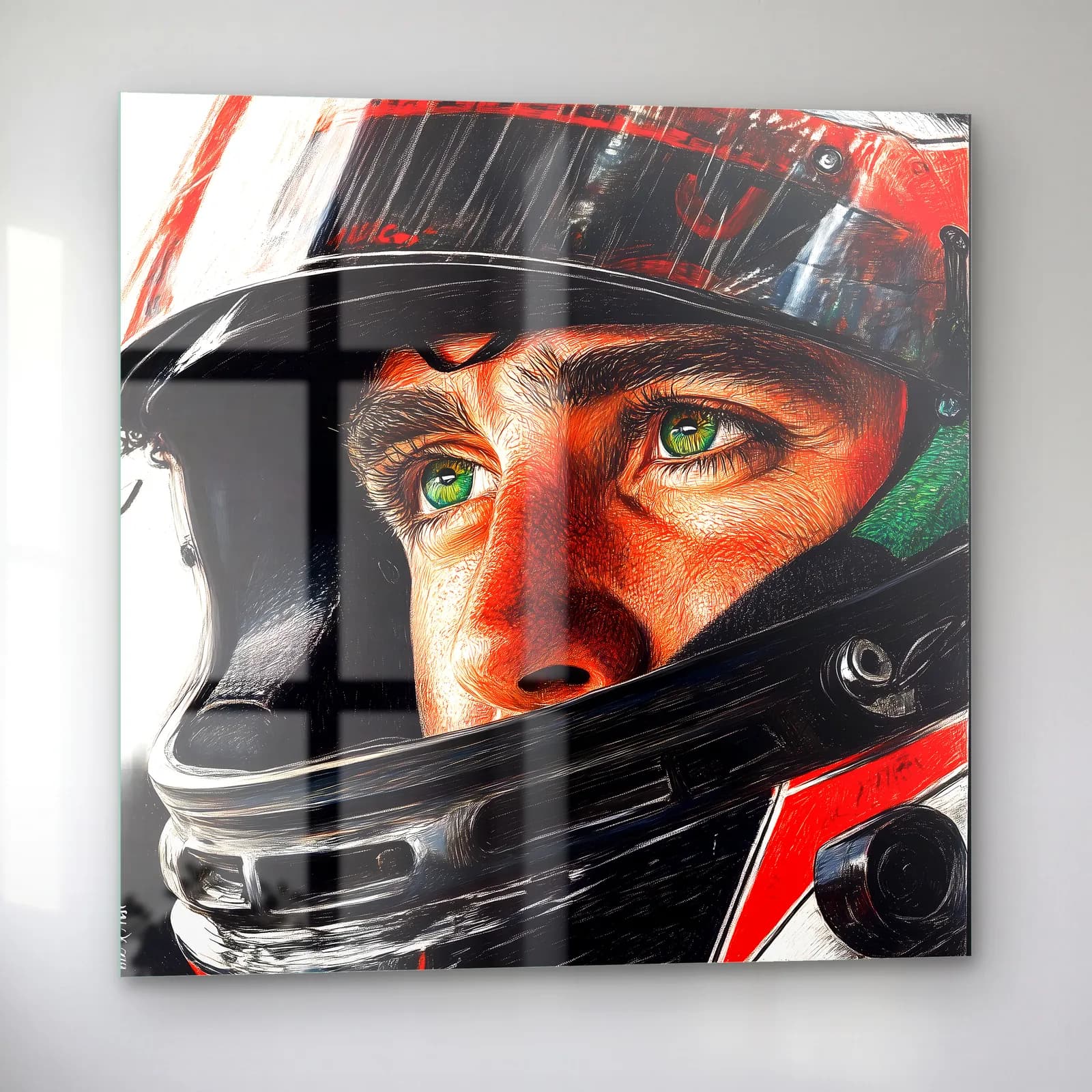 Ayrton Senna Kasklı Portre cam tablo — sol açıdan görünüm