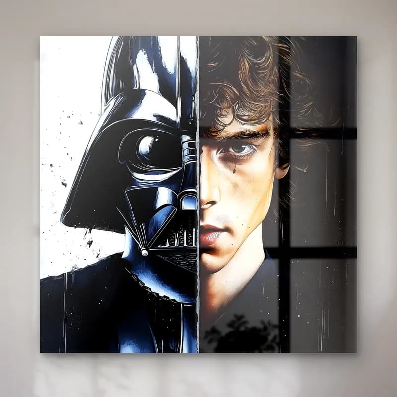 Darth Vader ve Anakin Siyah Beyaz cam tablo — Yarısı Darth Vader maskesi yarısı genç Anakin yüzü, siyah beyaz