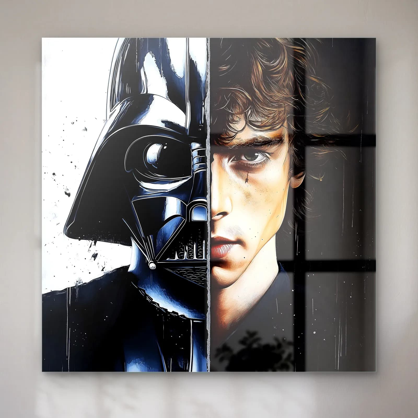 Darth Vader ve Anakin Siyah Beyaz cam tablo — Yarısı Darth Vader maskesi yarısı genç Anakin yüzü, siyah beyaz
