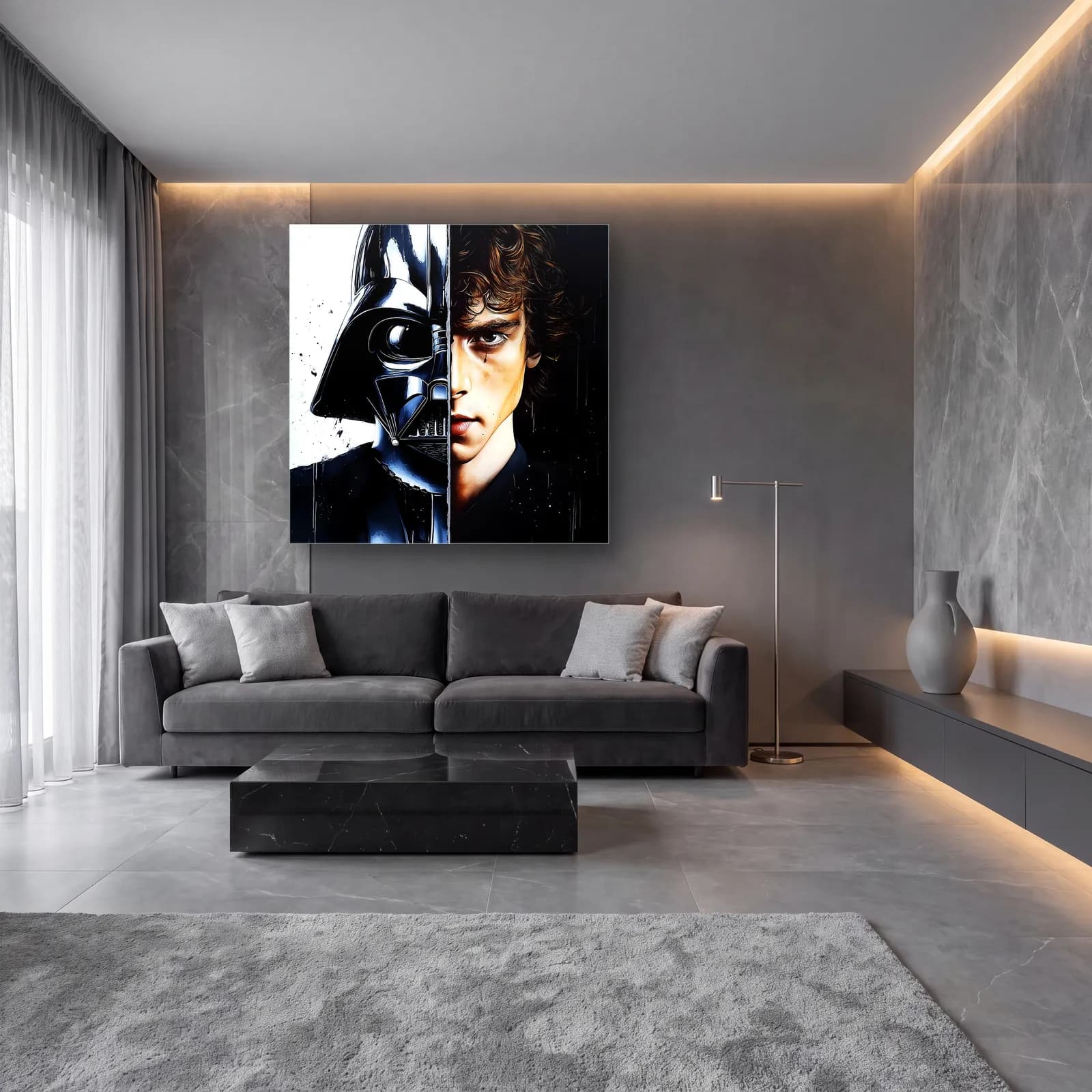 Darth Vader ve Anakin Siyah Beyaz cam tablo — lüks salon duvarında