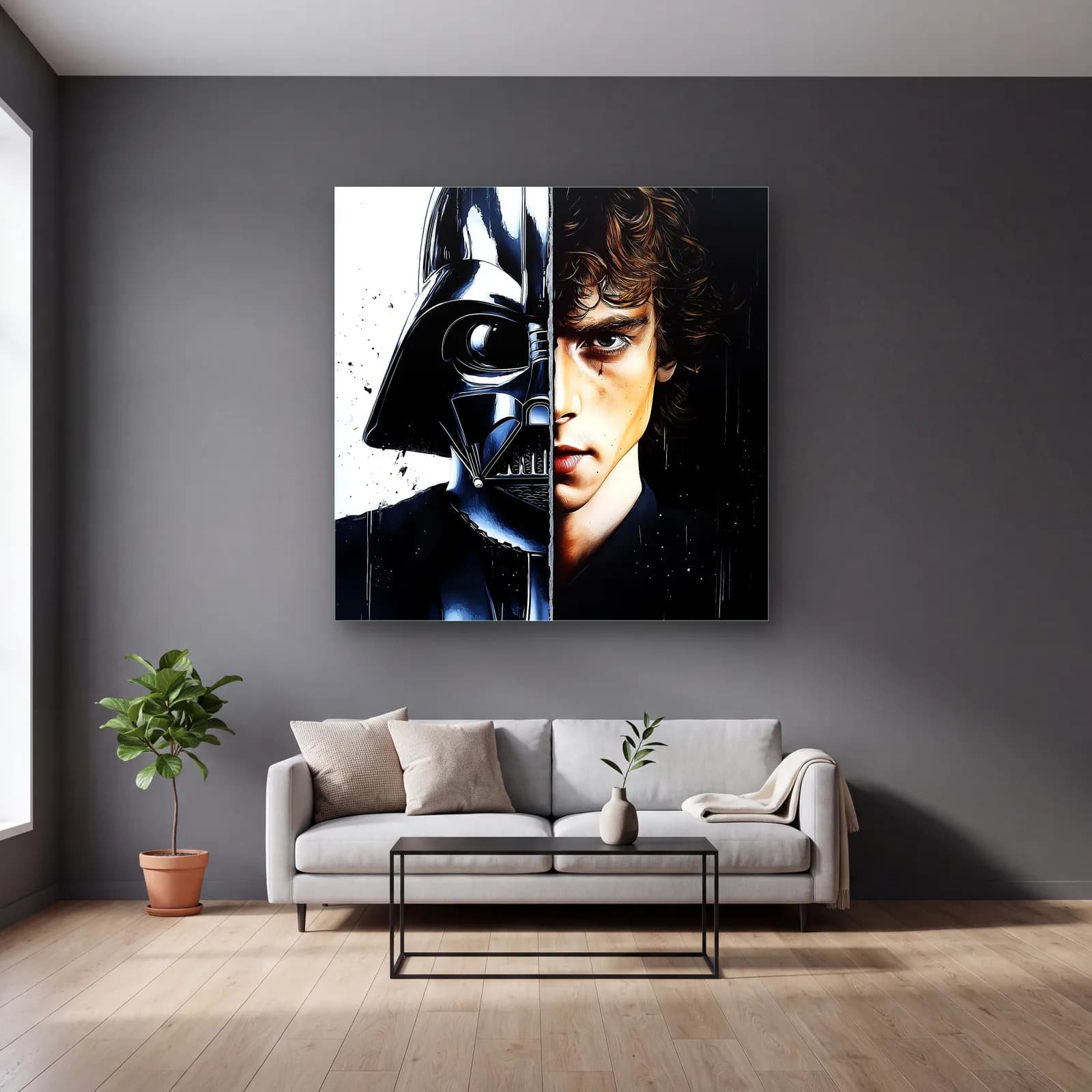 Darth Vader ve Anakin Siyah Beyaz cam tablo — gri duvarlı salonda