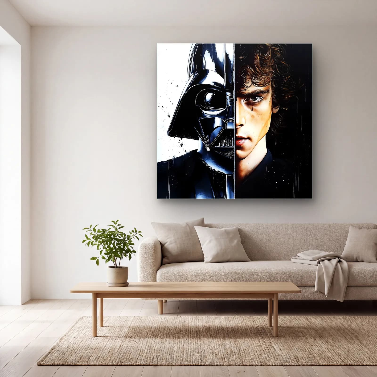 Darth Vader ve Anakin Siyah Beyaz cam tablo — açık renk salonda
