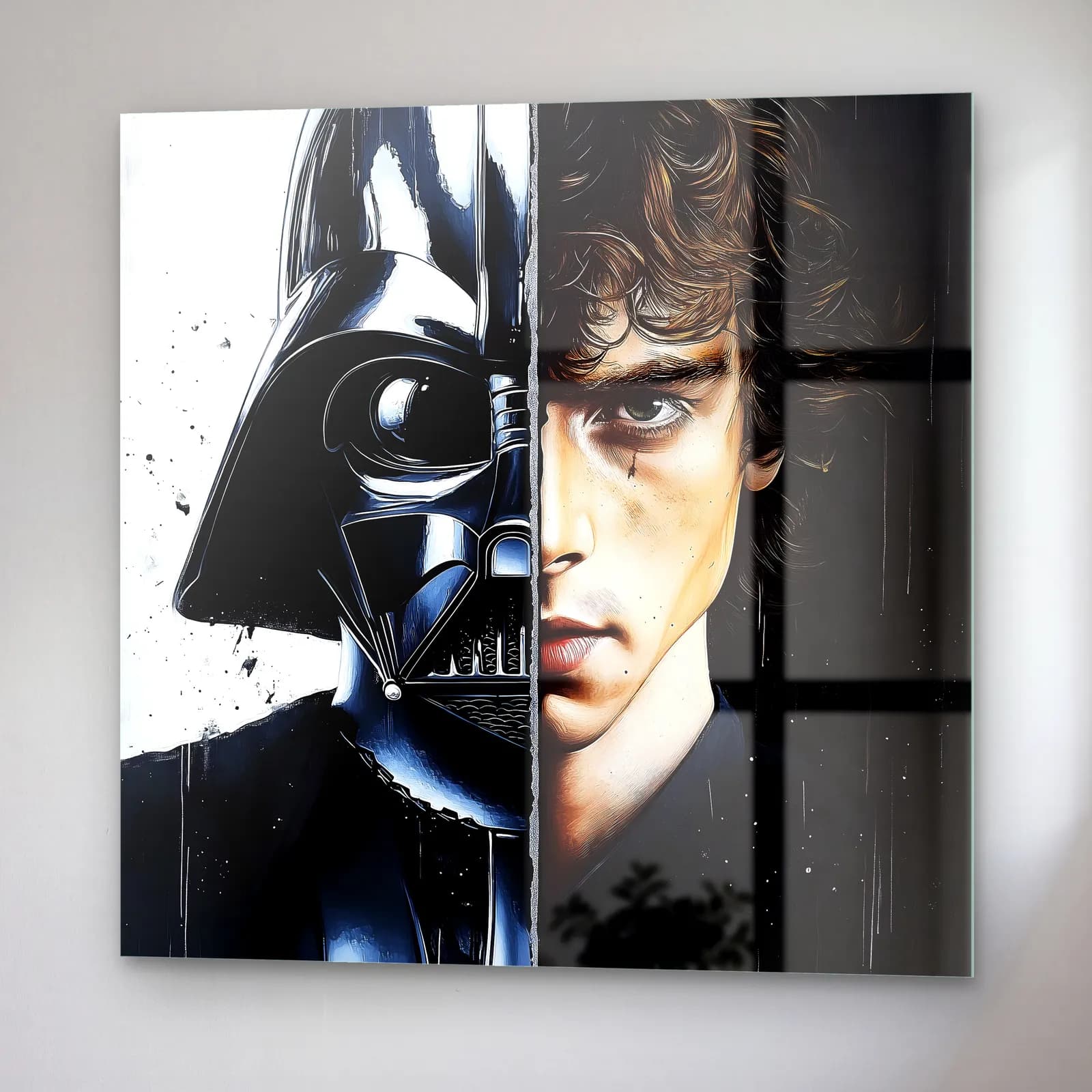 Darth Vader ve Anakin Siyah Beyaz cam tablo — sağ açıdan görünüm