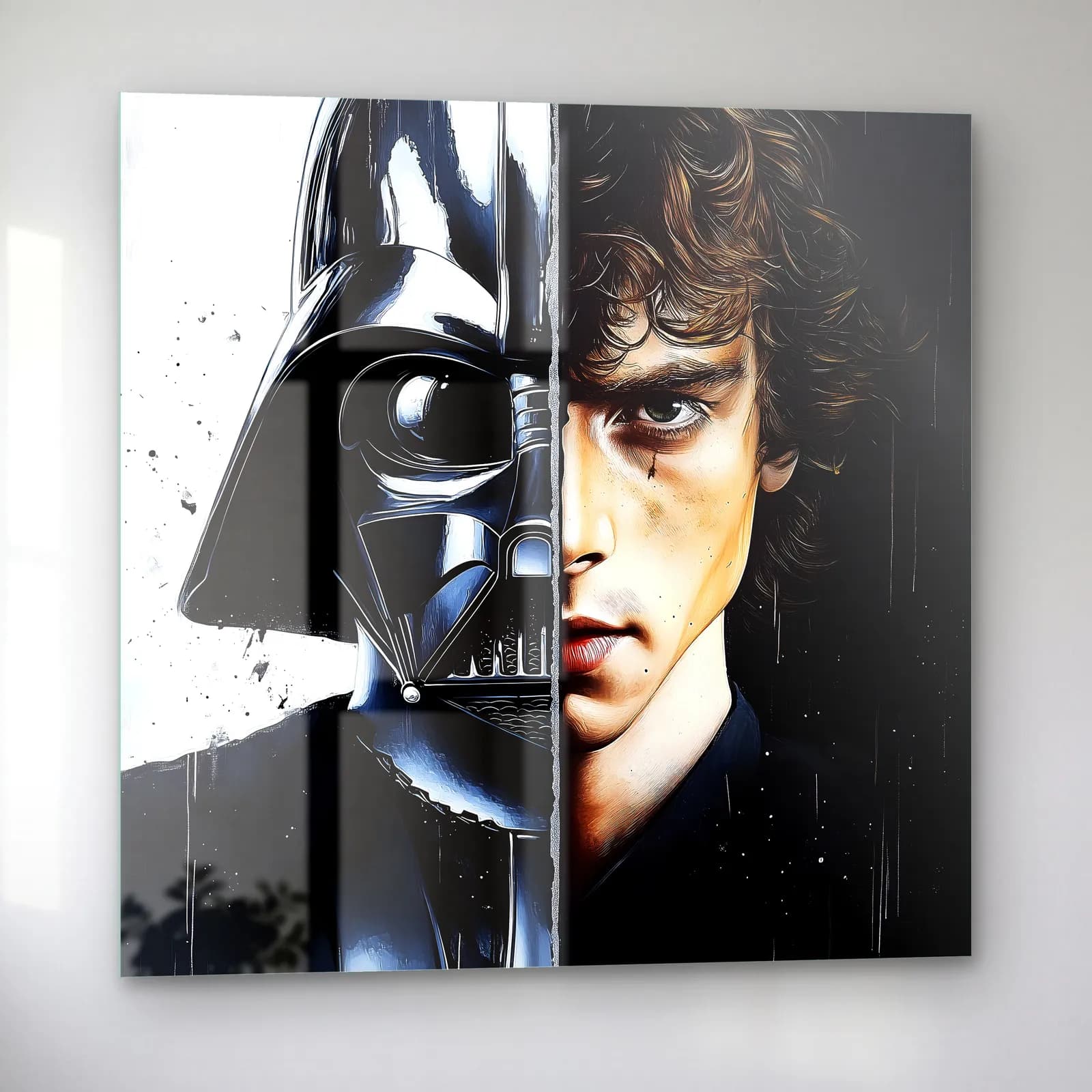 Darth Vader ve Anakin Siyah Beyaz cam tablo — sol açıdan görünüm