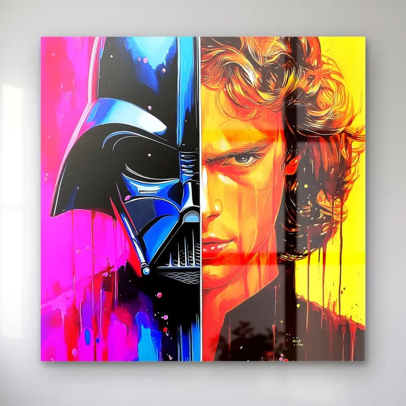 Darth Vader ve Anakin Renkli cam tablo — Renkli akışkan boyalarla yarısı Darth Vader yarısı Anakin yüzü