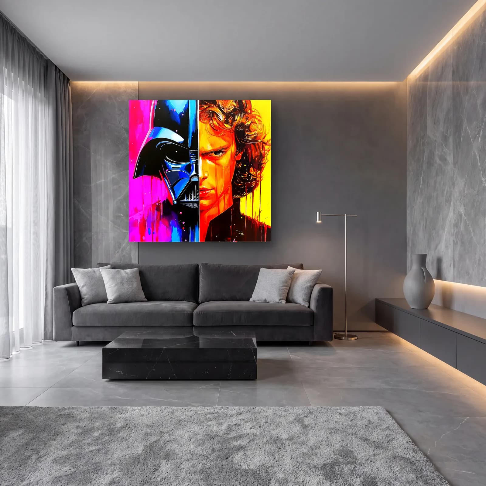 Darth Vader ve Anakin Renkli cam tablo — lüks salon duvarında