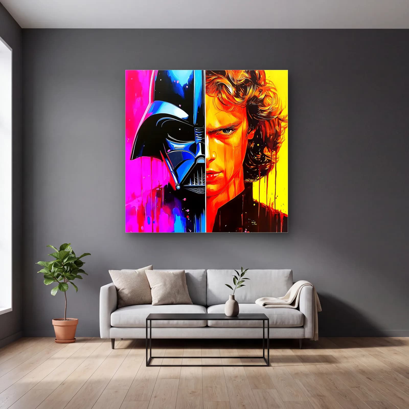 Darth Vader ve Anakin Renkli cam tablo — gri duvarlı salonda