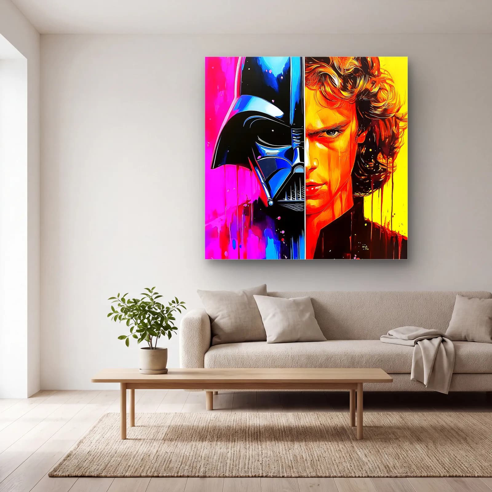 Darth Vader ve Anakin Renkli cam tablo — açık renk salonda