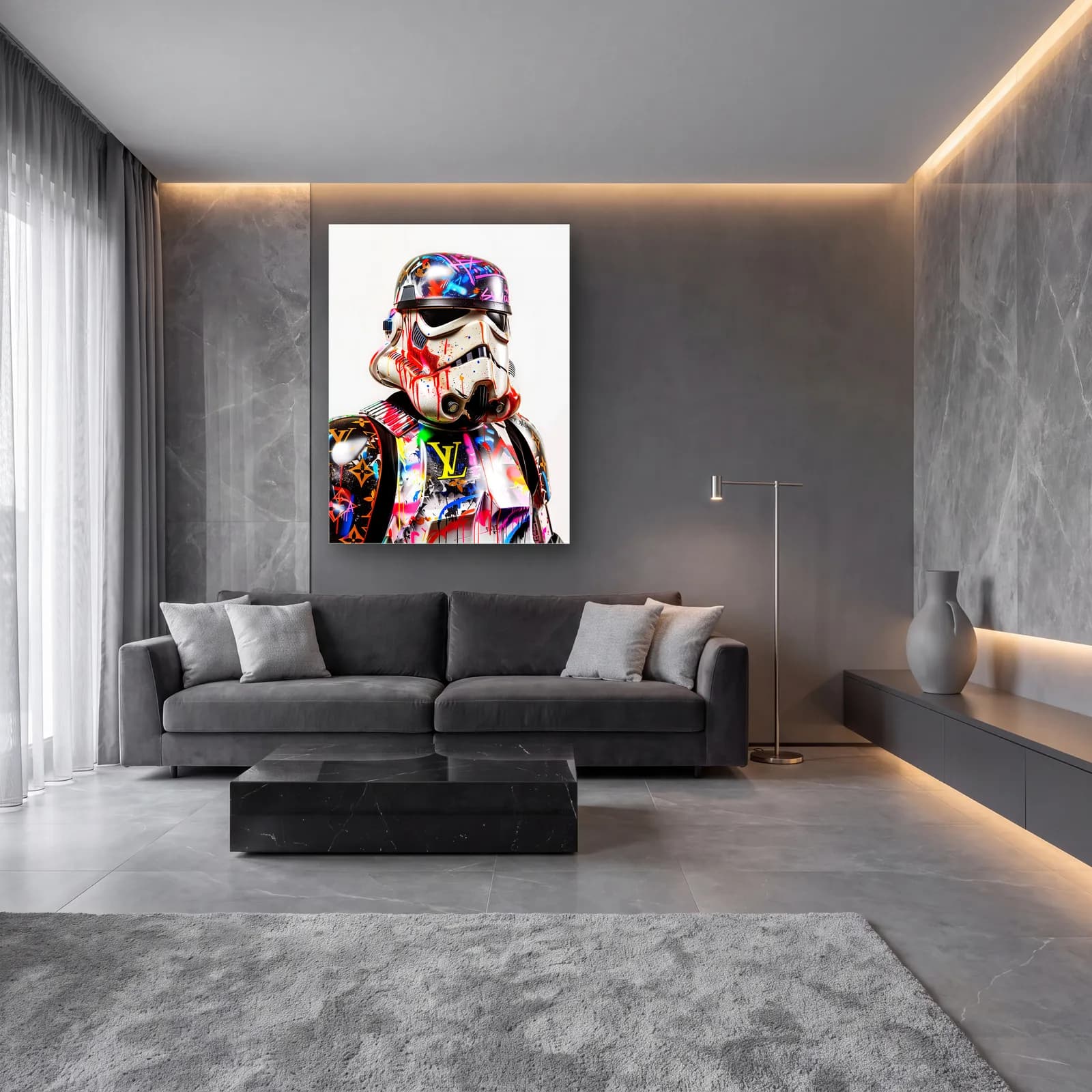 Louis Vuitton Desenli Stormtrooper cam tablo — lüks salon duvarında