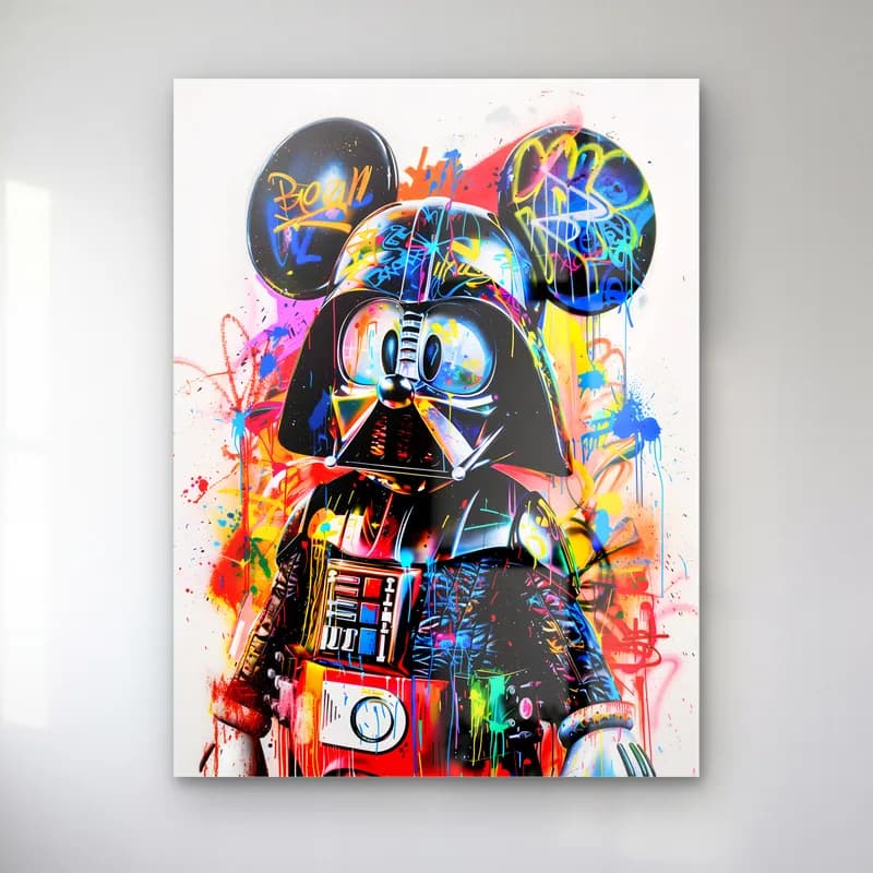 Mickey Kulaklı Darth Vader cam tablo — Kulaklı başlıklı Darth Vader, renkli boya sıçramaları ve grafiti yazılar