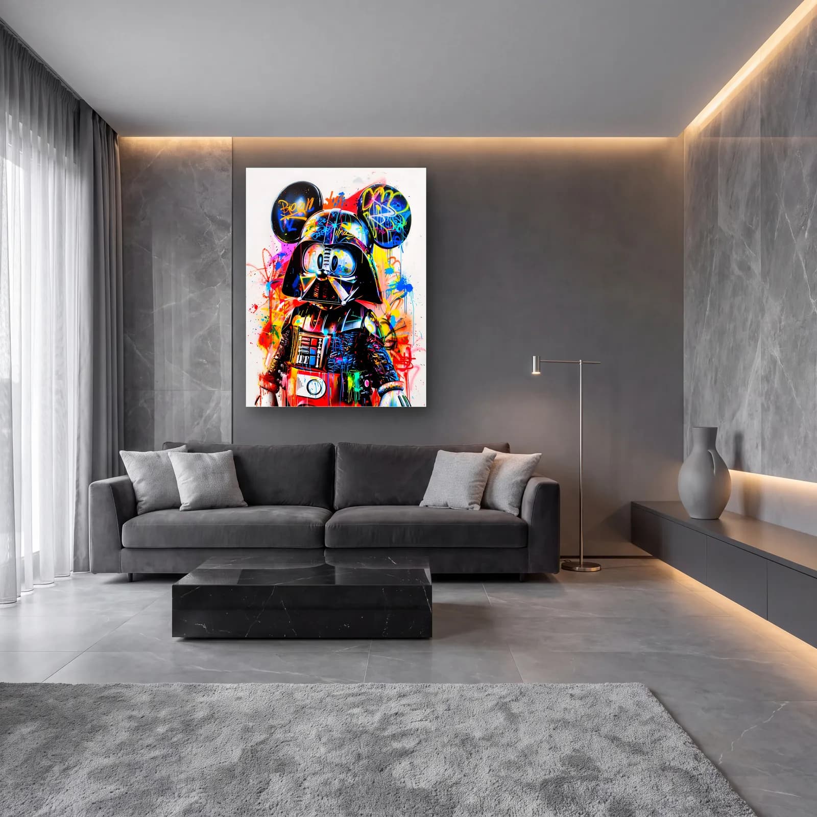 Mickey Kulaklı Darth Vader cam tablo — lüks salon duvarında