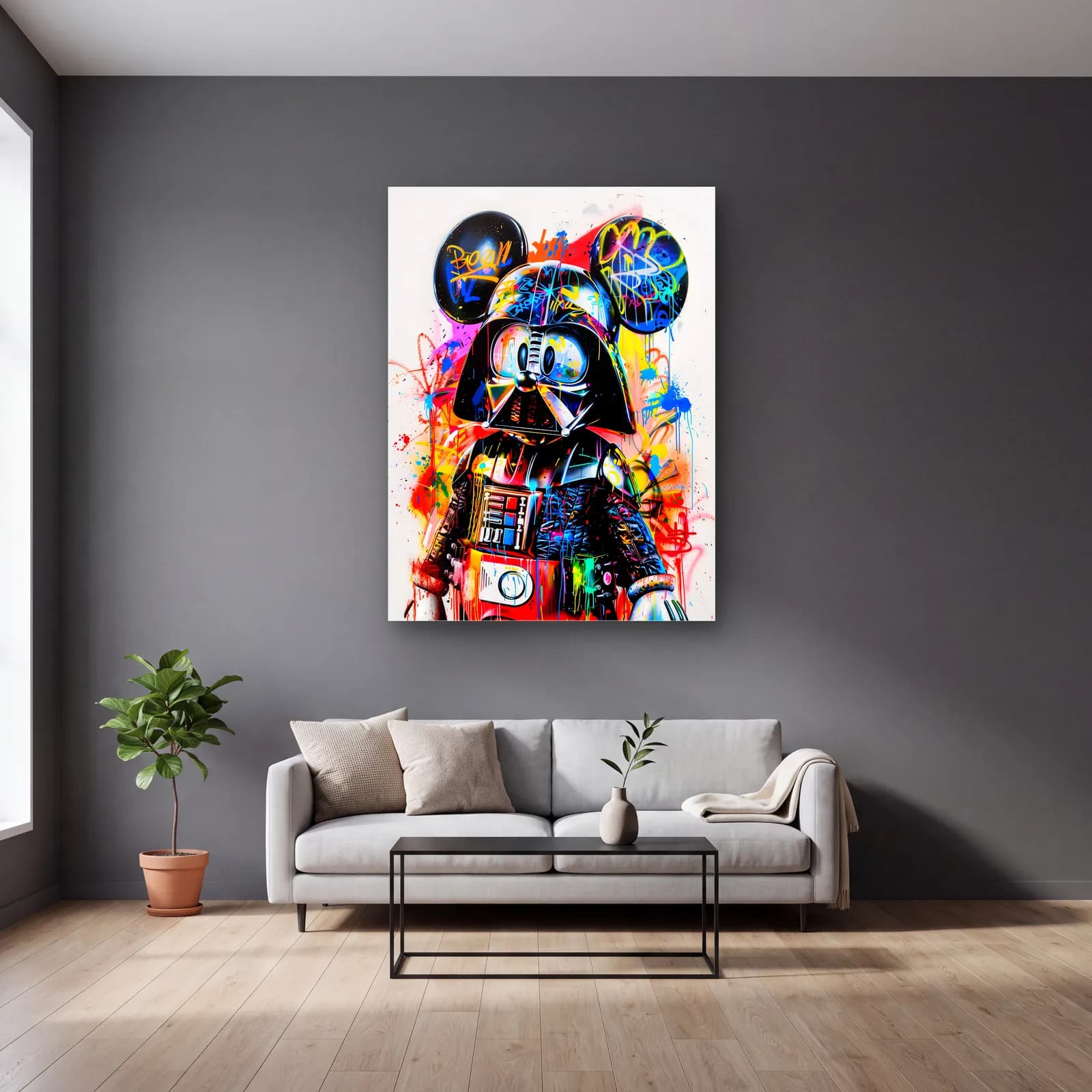 Mickey Kulaklı Darth Vader cam tablo — gri duvarlı salonda