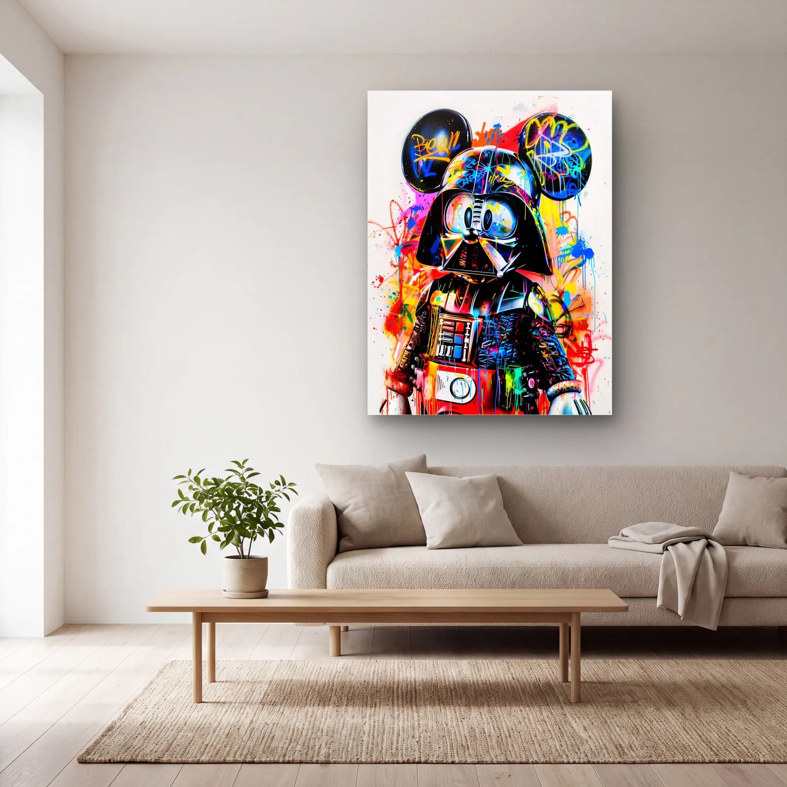 Mickey Kulaklı Darth Vader cam tablo — açık renk salonda