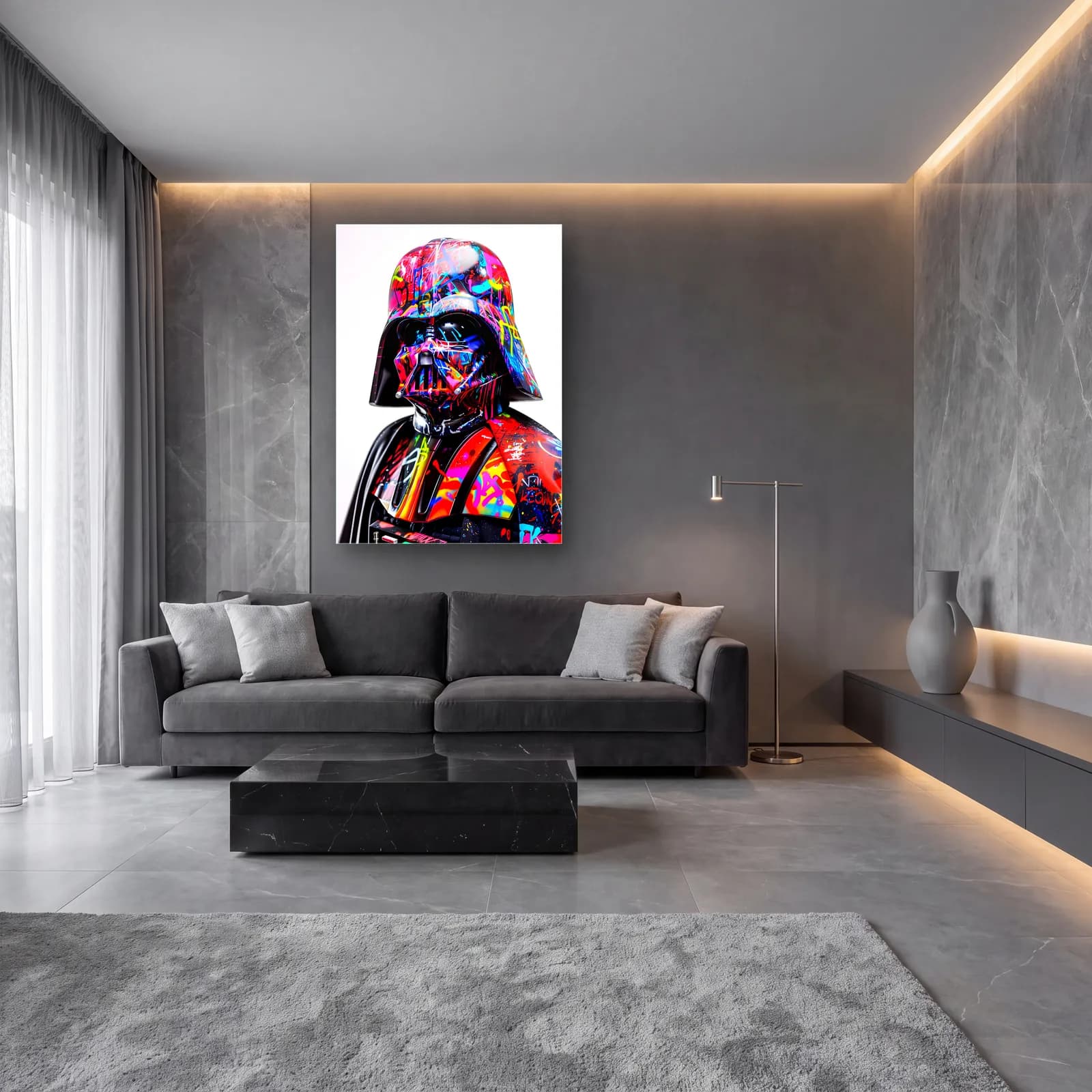Grafiti Darth Vader Portresi cam tablo — lüks salon duvarında