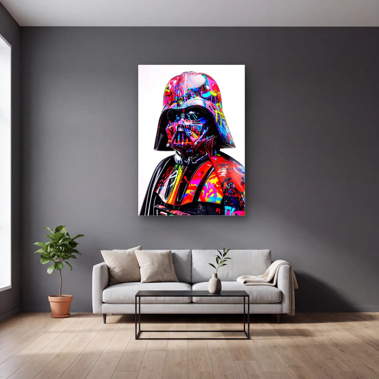 Grafiti Darth Vader Portresi cam tablo — gri duvarlı salonda