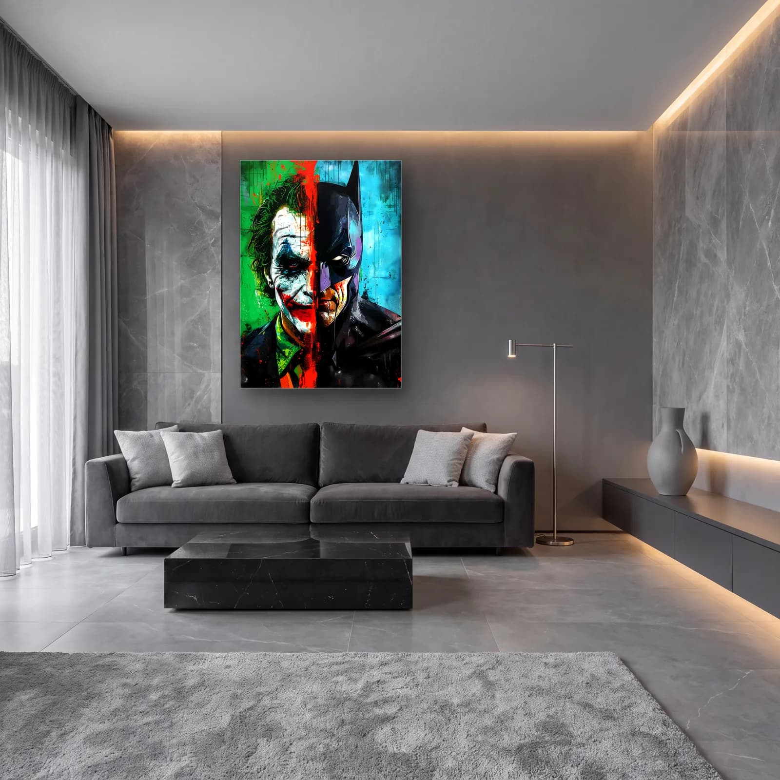 Joker ve Batman Renkli Yarım Yüz cam tablo — lüks salon duvarında