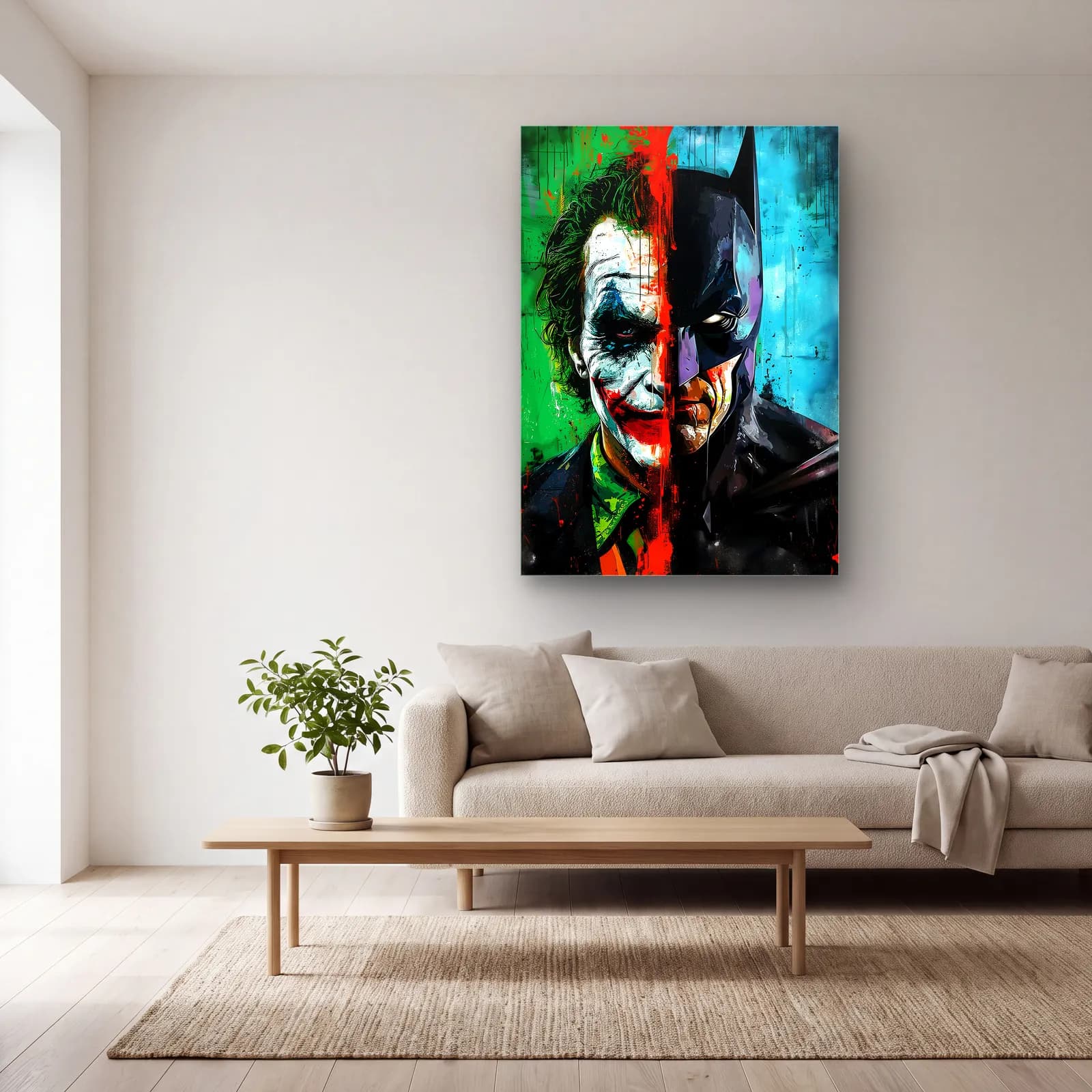 Joker ve Batman Renkli Yarım Yüz cam tablo — açık renk salonda