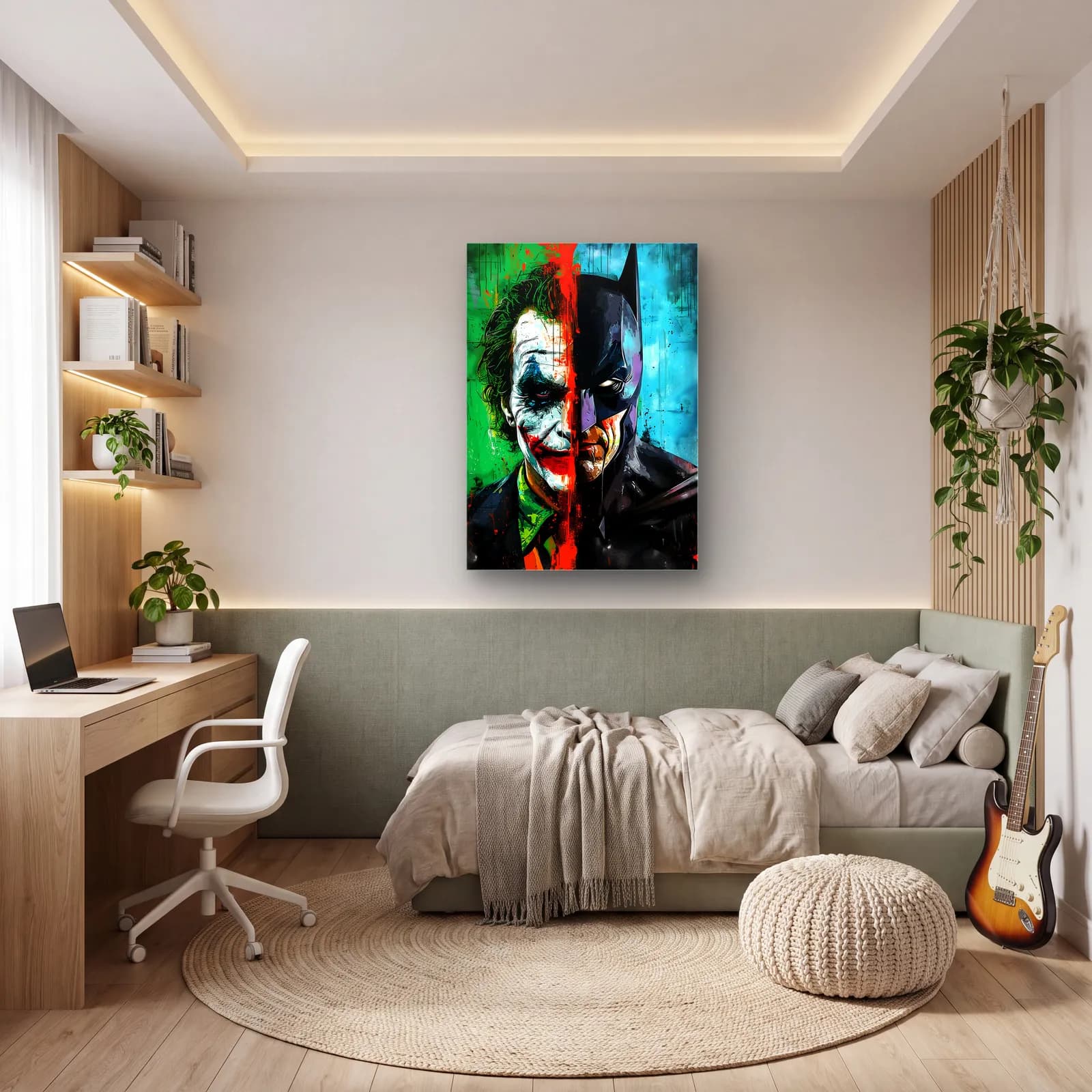 Joker ve Batman Renkli Yarım Yüz cam tablo — genç odasında