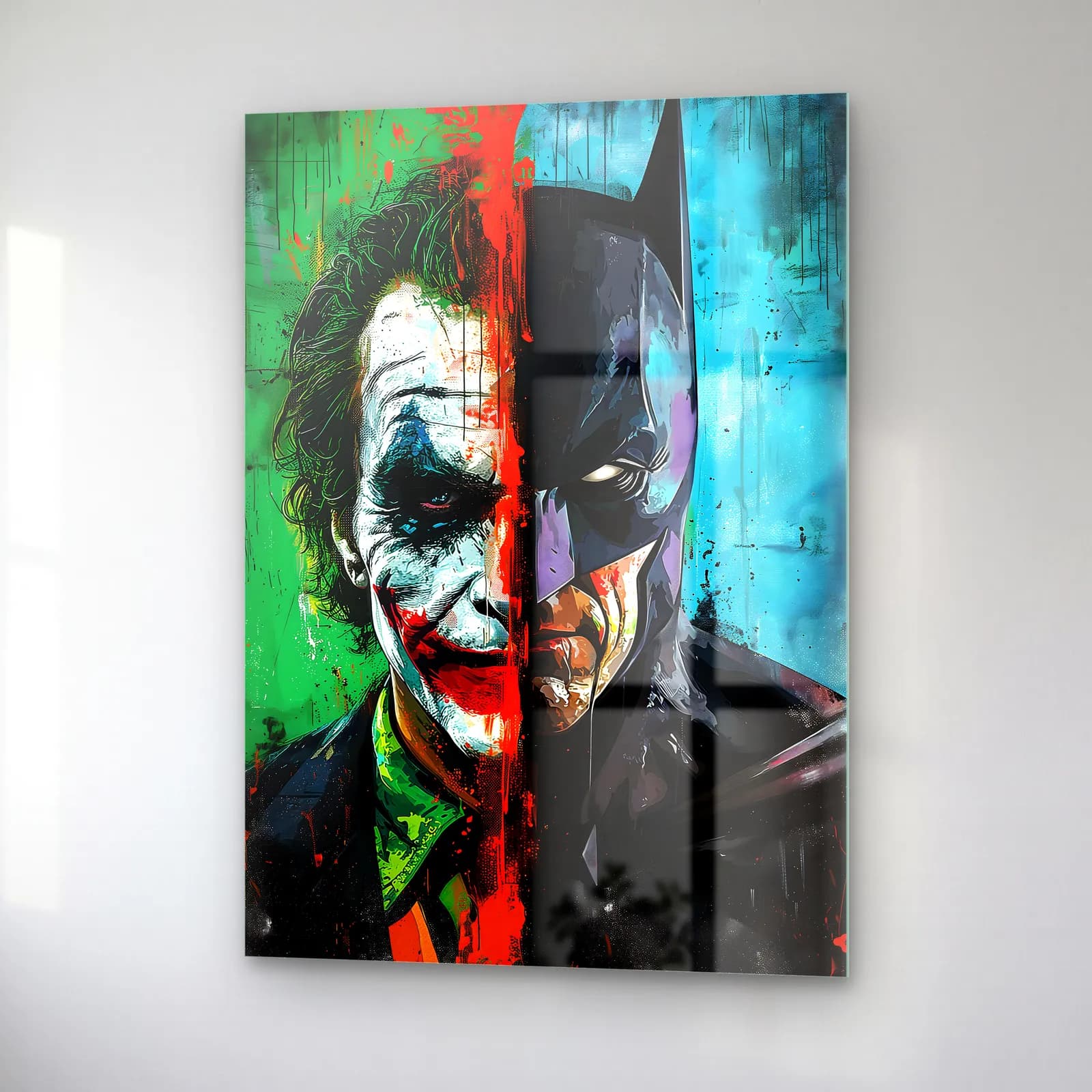 Joker ve Batman Renkli Yarım Yüz cam tablo — sağ açıdan görünüm