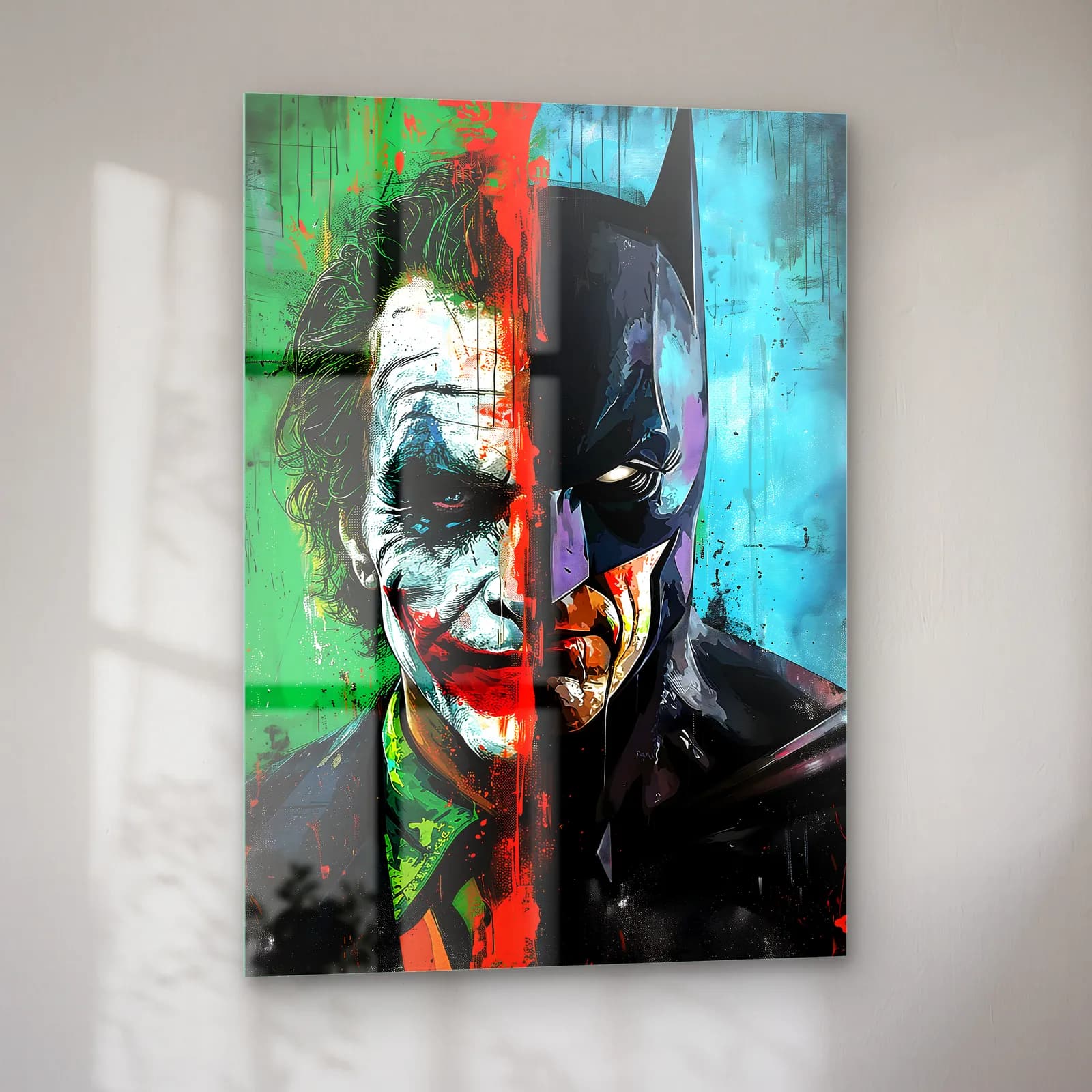 Joker ve Batman Renkli Yarım Yüz cam tablo — sol açıdan görünüm