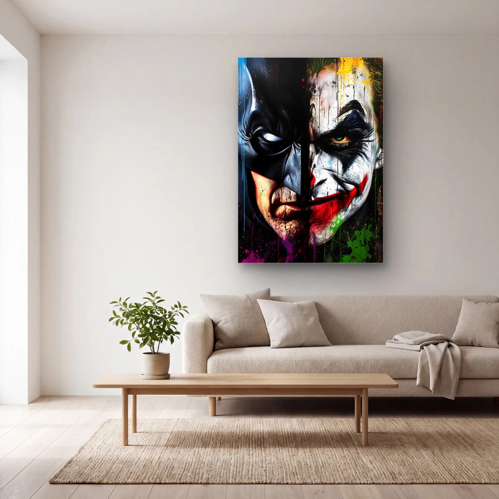 Batman ve Joker Karanlık Yarım Yüz cam tablo — açık renk salonda
