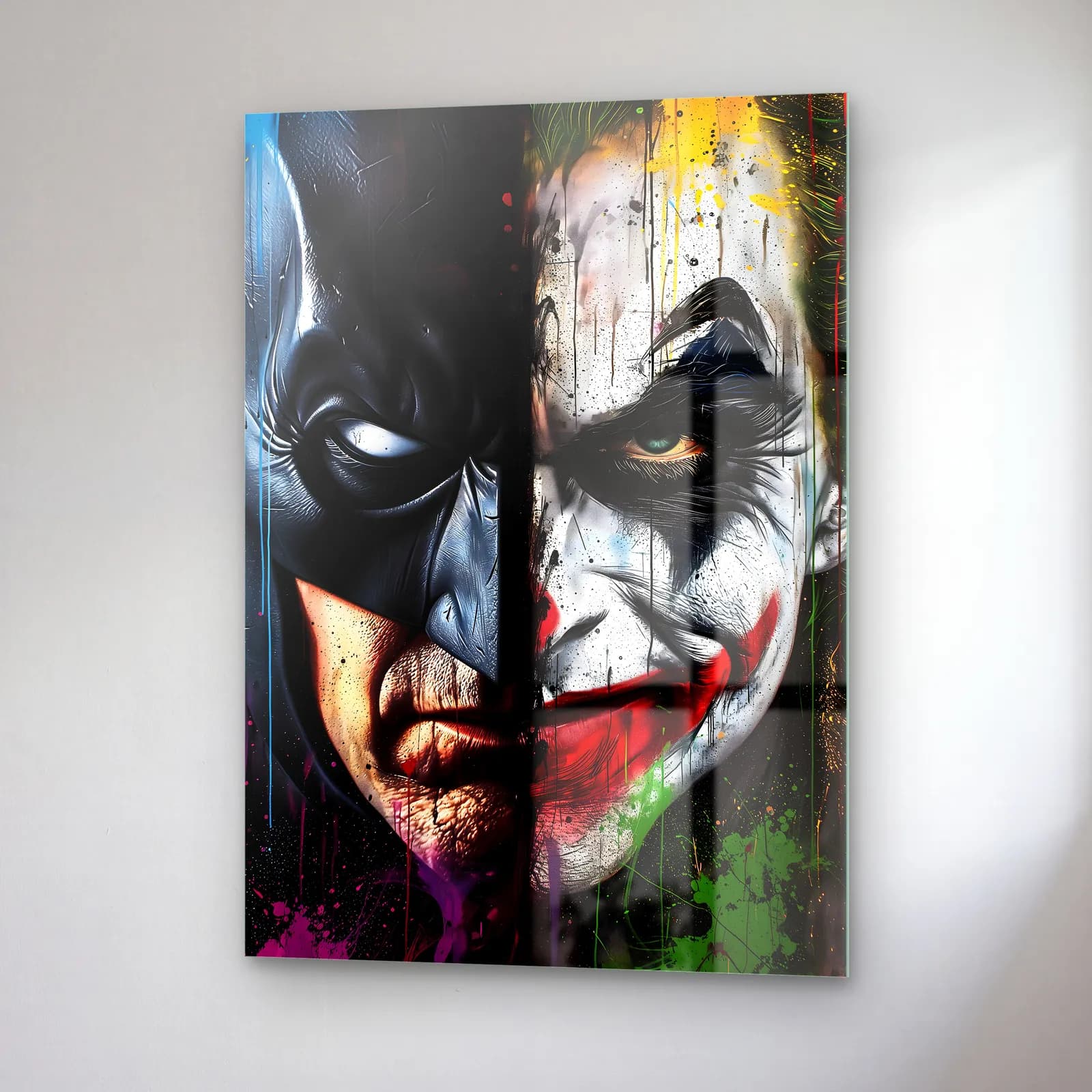 Batman ve Joker Karanlık Yarım Yüz cam tablo — sağ açıdan görünüm