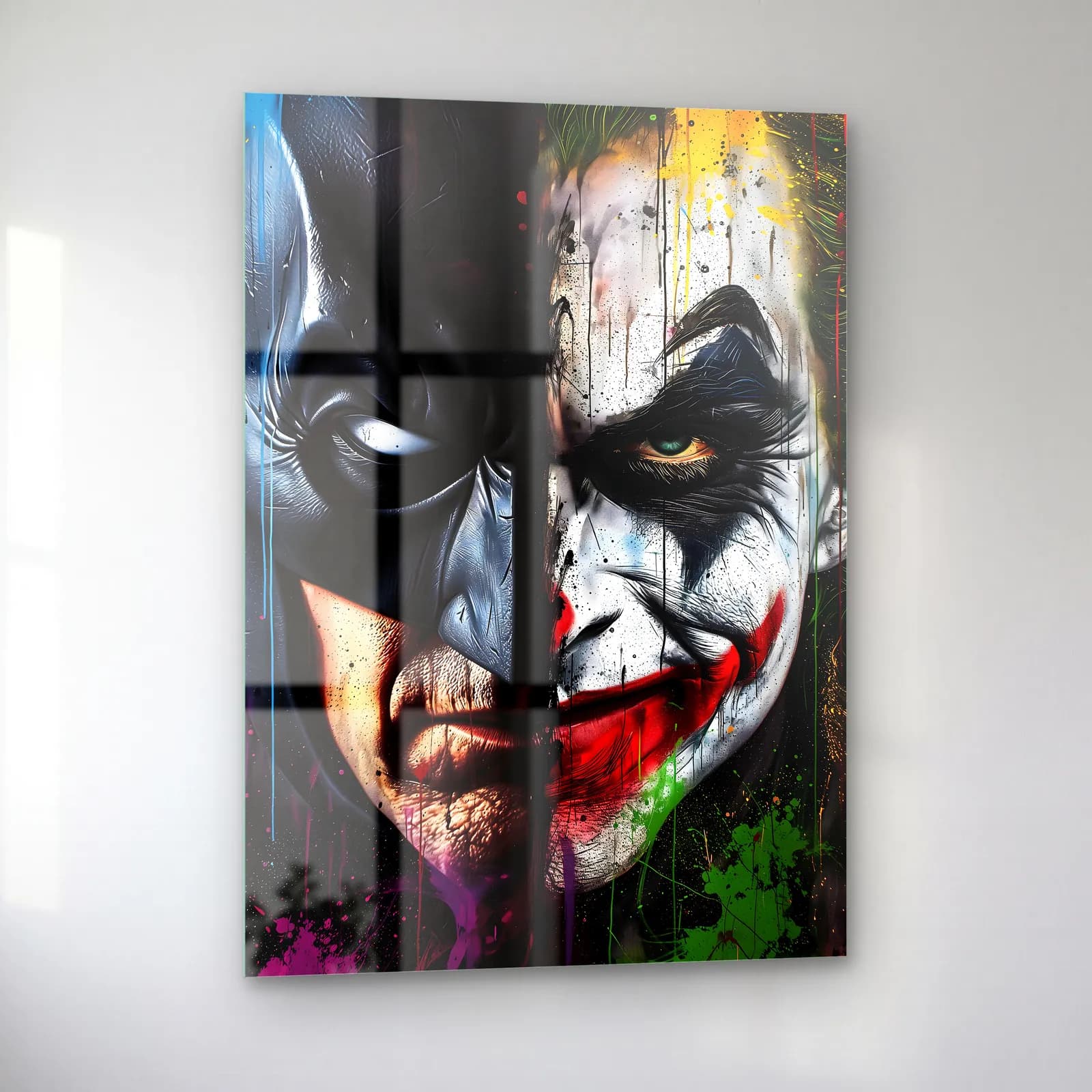 Batman ve Joker Karanlık Yarım Yüz cam tablo — sol açıdan görünüm