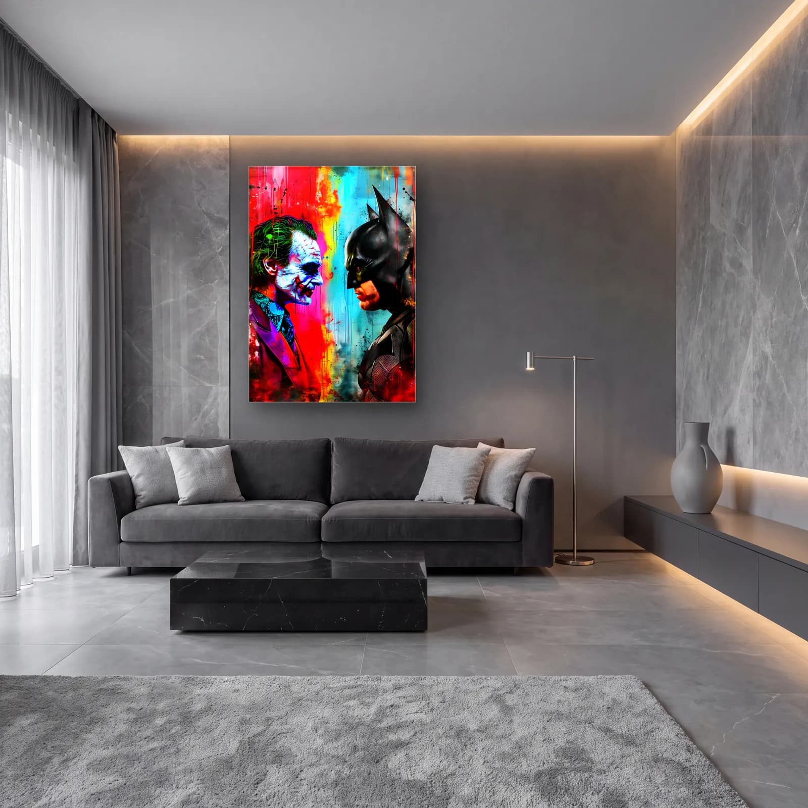 Joker ile Batman Karşı Karşıya cam tablo — lüks salon duvarında