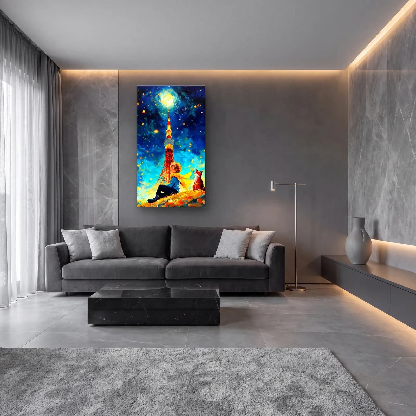Tokyo Kulesi Yıldızlı Gece cam tablo — lüks salon duvarında