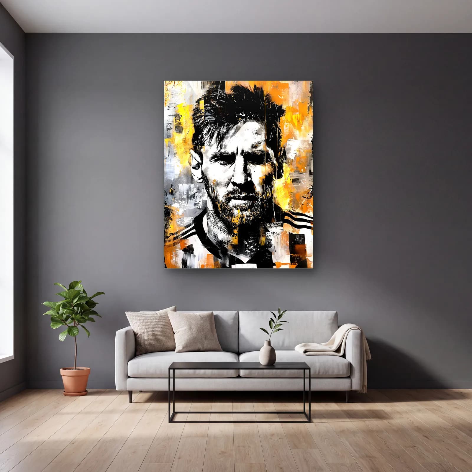 Lionel Messi Grafiti Portre cam tablo — gri duvarlı salonda