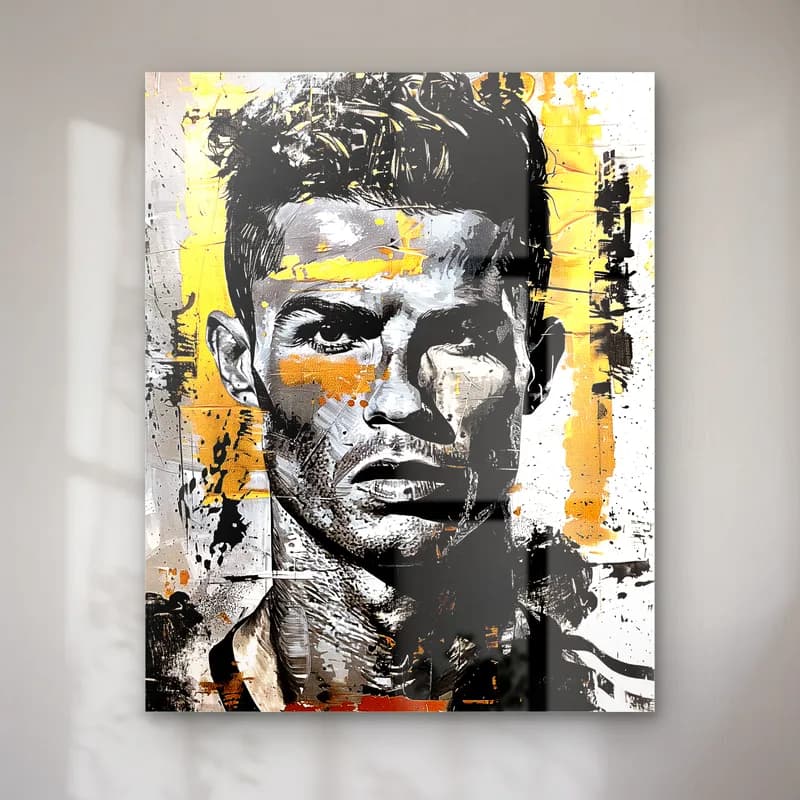 Cristiano Ronaldo Grafiti Portre cam tablo — Cristiano Ronaldo siyah beyaz yakın plan portresi, sarı ve siyah boya lekeleri