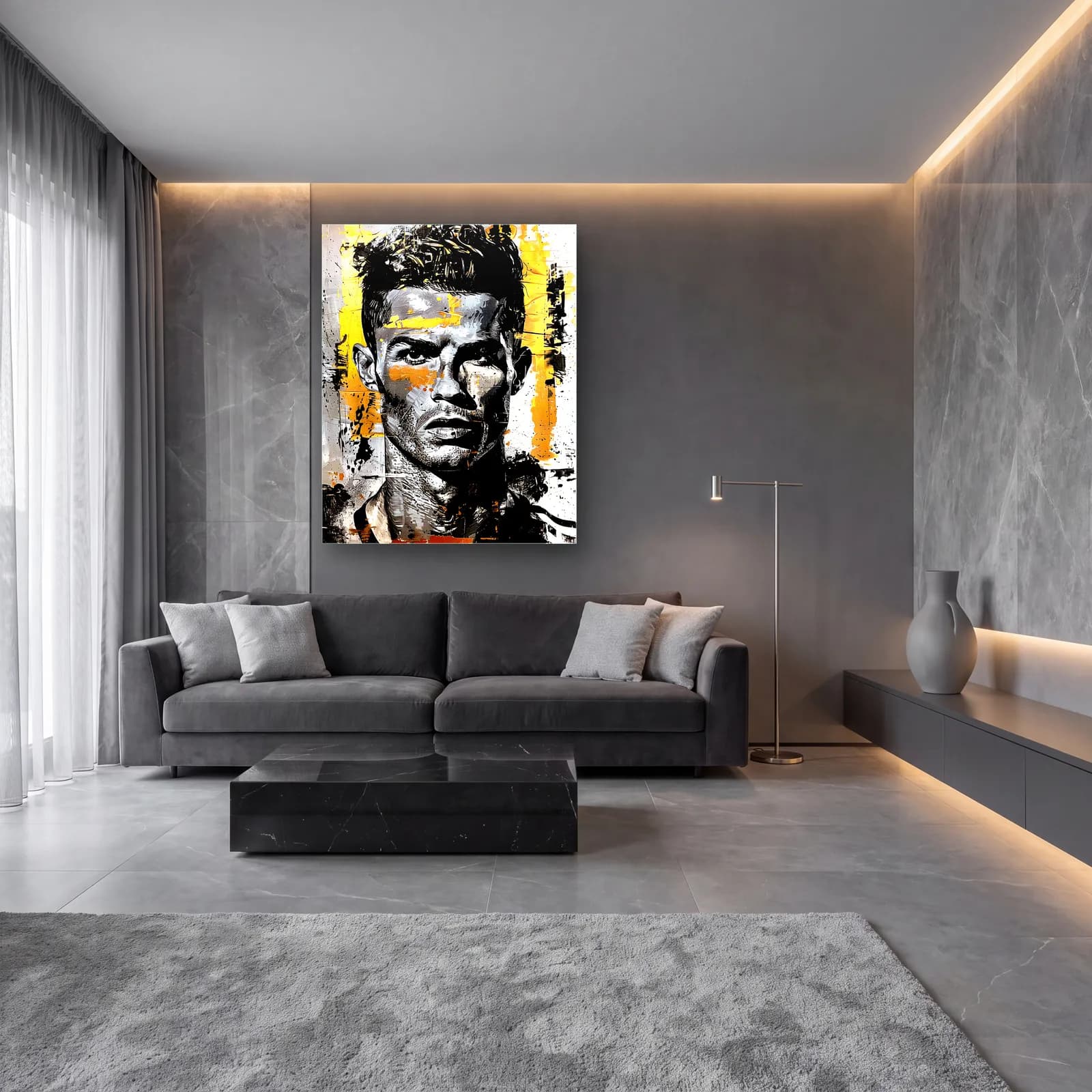 Cristiano Ronaldo Grafiti Portre cam tablo — lüks salon duvarında