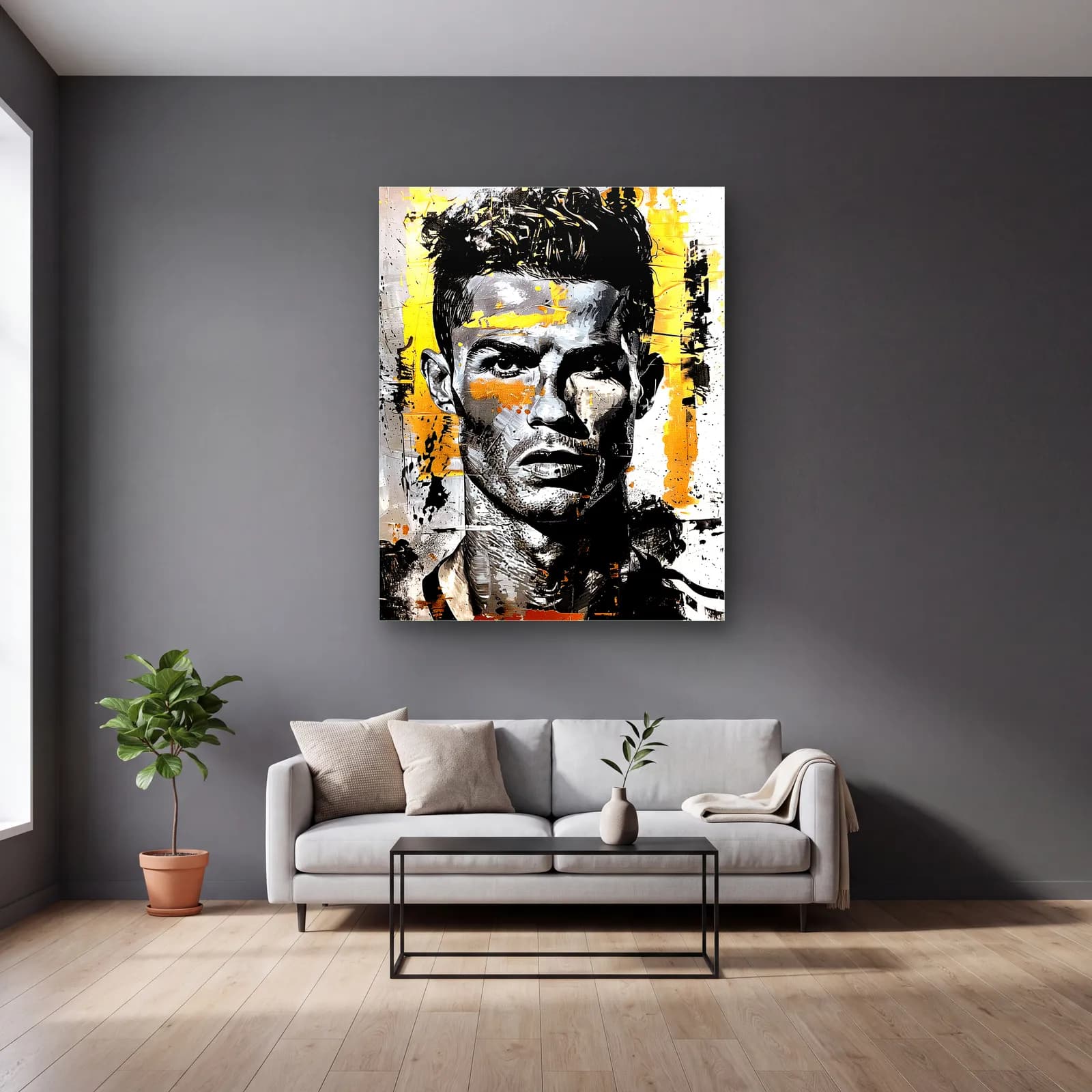 Cristiano Ronaldo Grafiti Portre cam tablo — gri duvarlı salonda