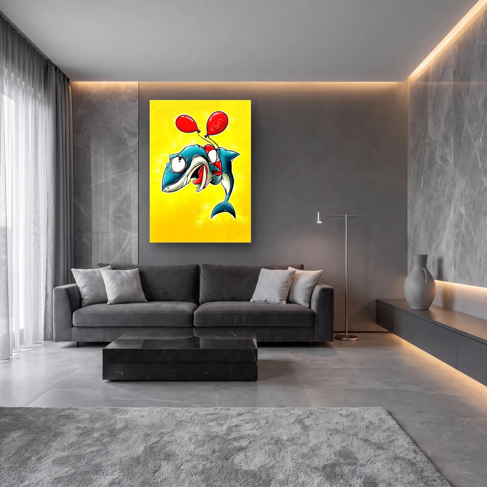 Balonlu Köpekbalığı cam tablo — lüks salon duvarında
