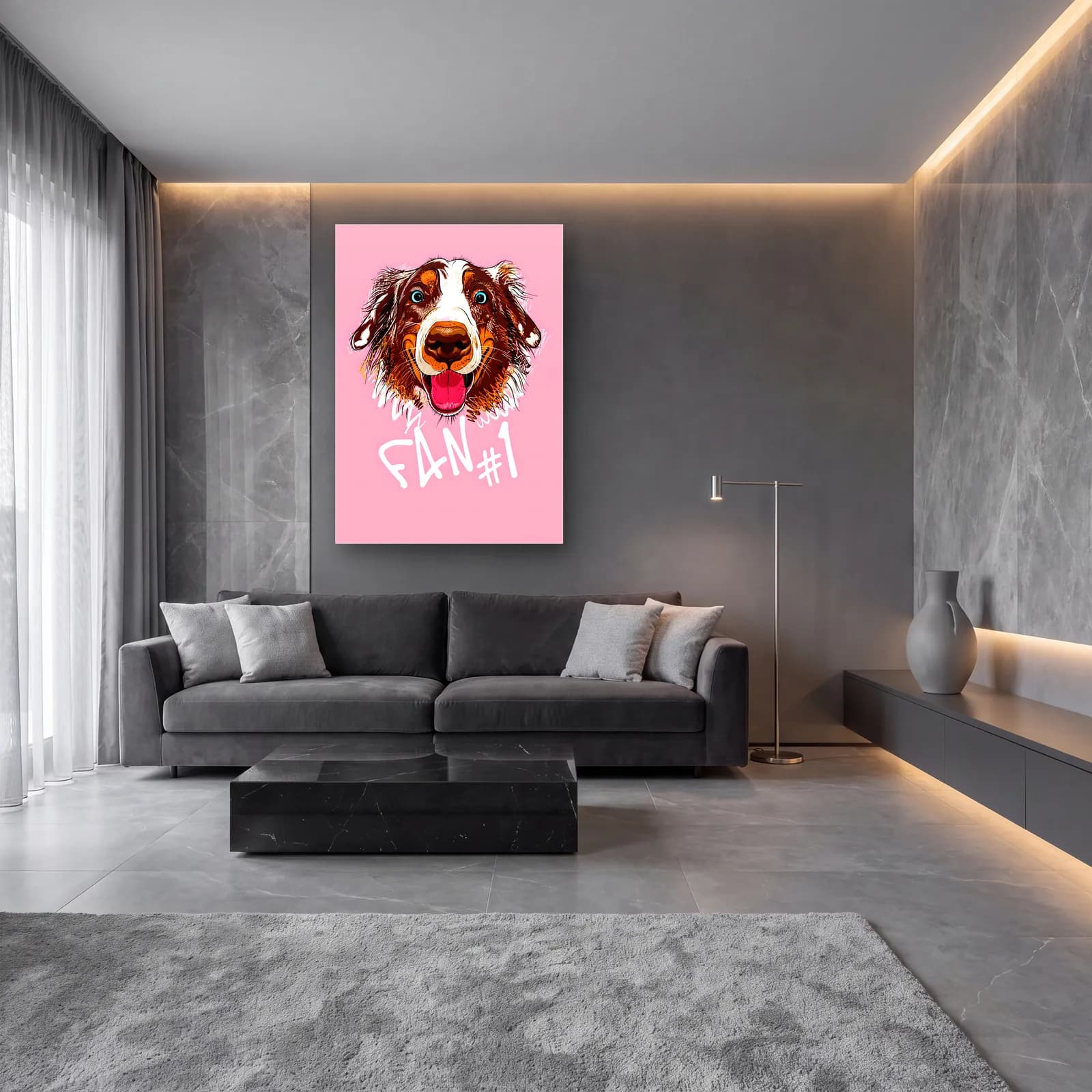 Fan 1 Neşeli Köpek cam tablo — lüks salon duvarında