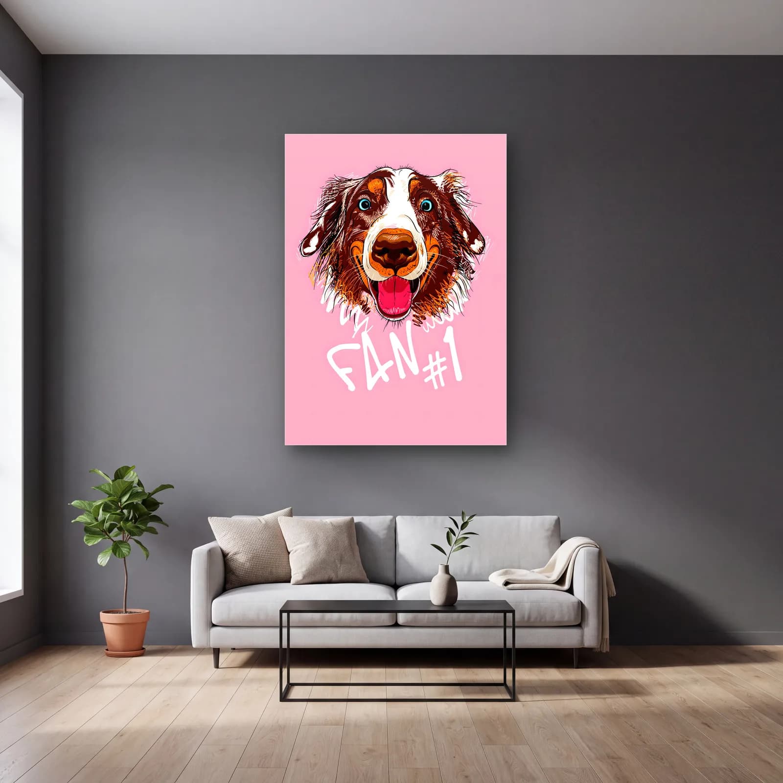Fan 1 Neşeli Köpek cam tablo — gri duvarlı salonda