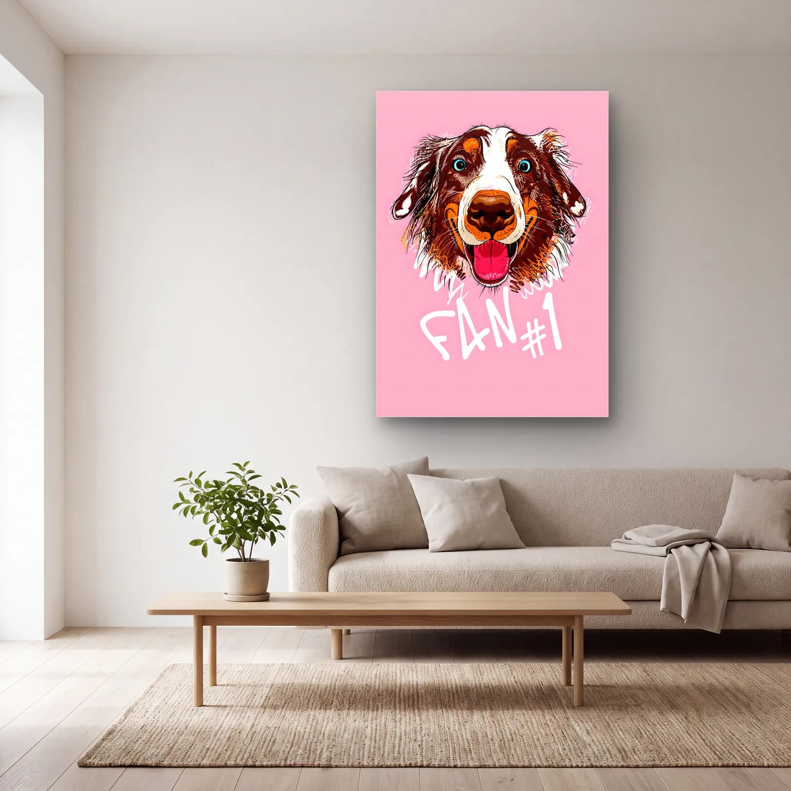 Fan 1 Neşeli Köpek cam tablo — açık renk salonda