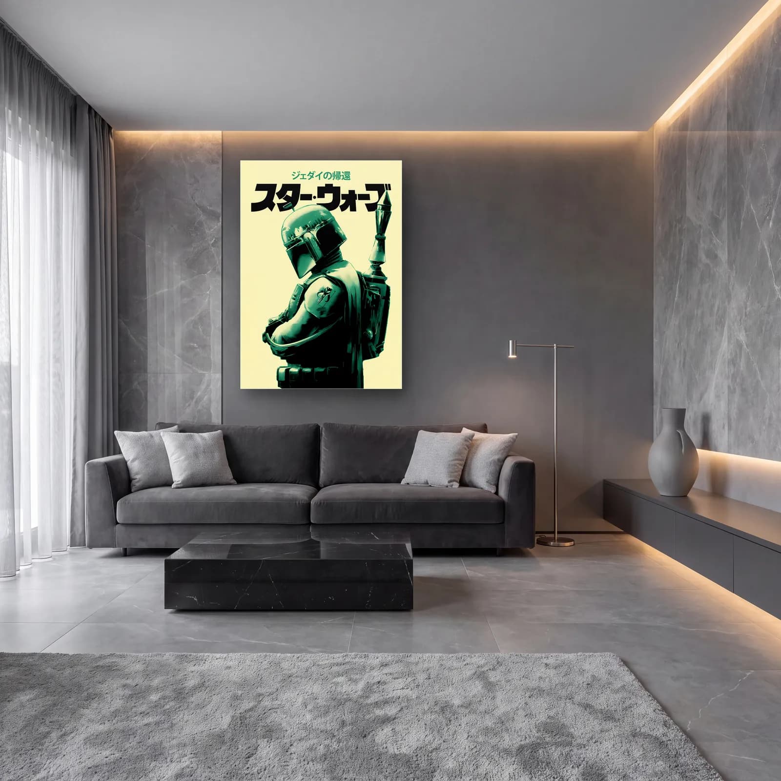 Star Wars Japon Poster Boba Fett cam tablo — lüks salon duvarında