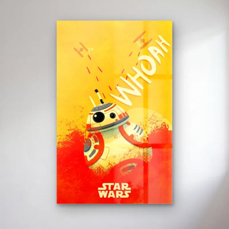 BB-8 Whoah Poster cam tablo — Sarı kırmızı fonda turuncu beyaz BB-8 robotu ve WHOAH yazısı